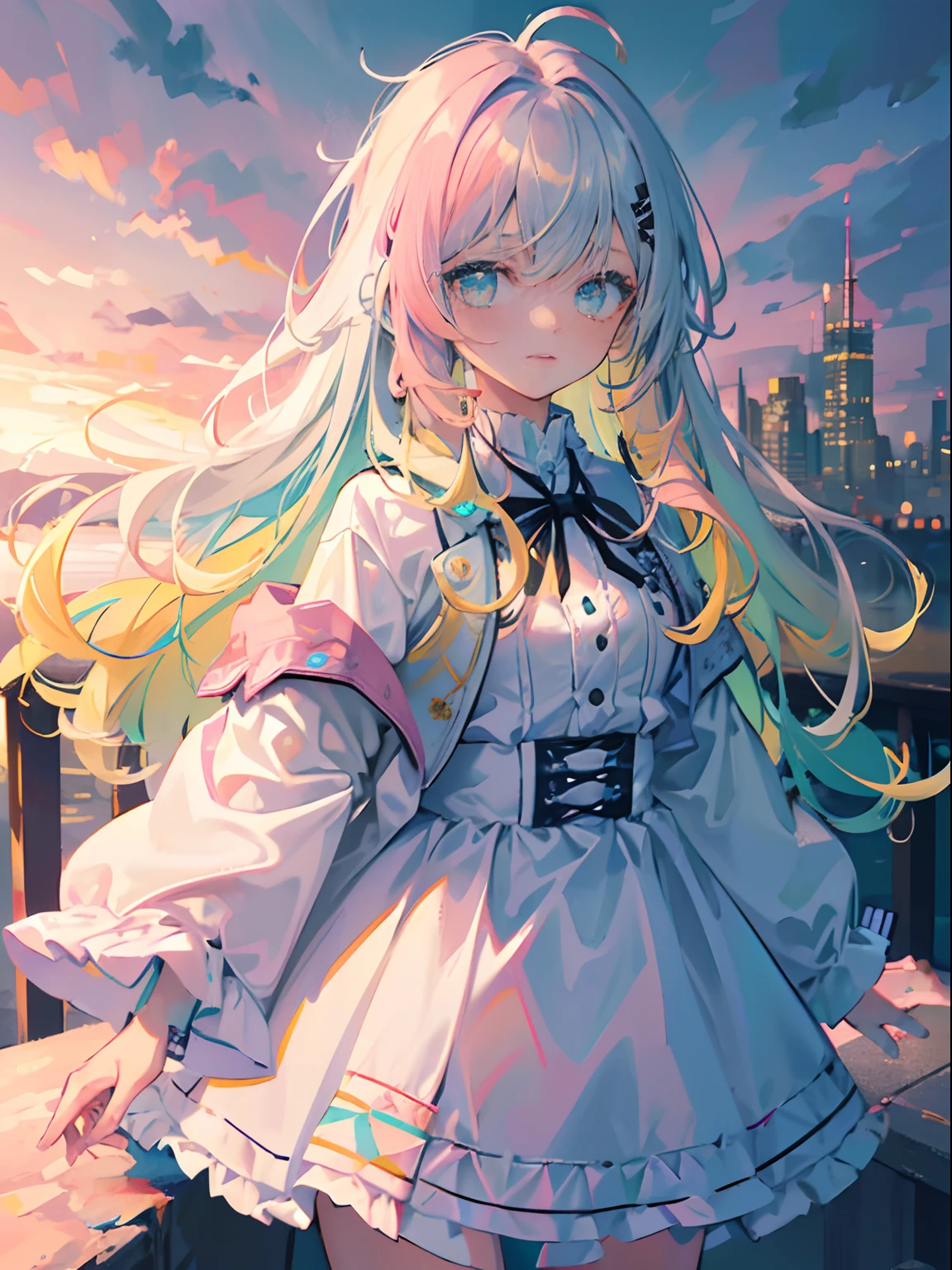 (masterpiece,best quality,ultra-detailed),1girl,medium long hair,curly hair,messy hairstyle,pink and blue and green and yellow hair,vibrant color hair,white rock punk outfit,white jacket,beautiful and detailed face, detailed eyes,in a city,cloudy, night,(grey theme),looking at viewer