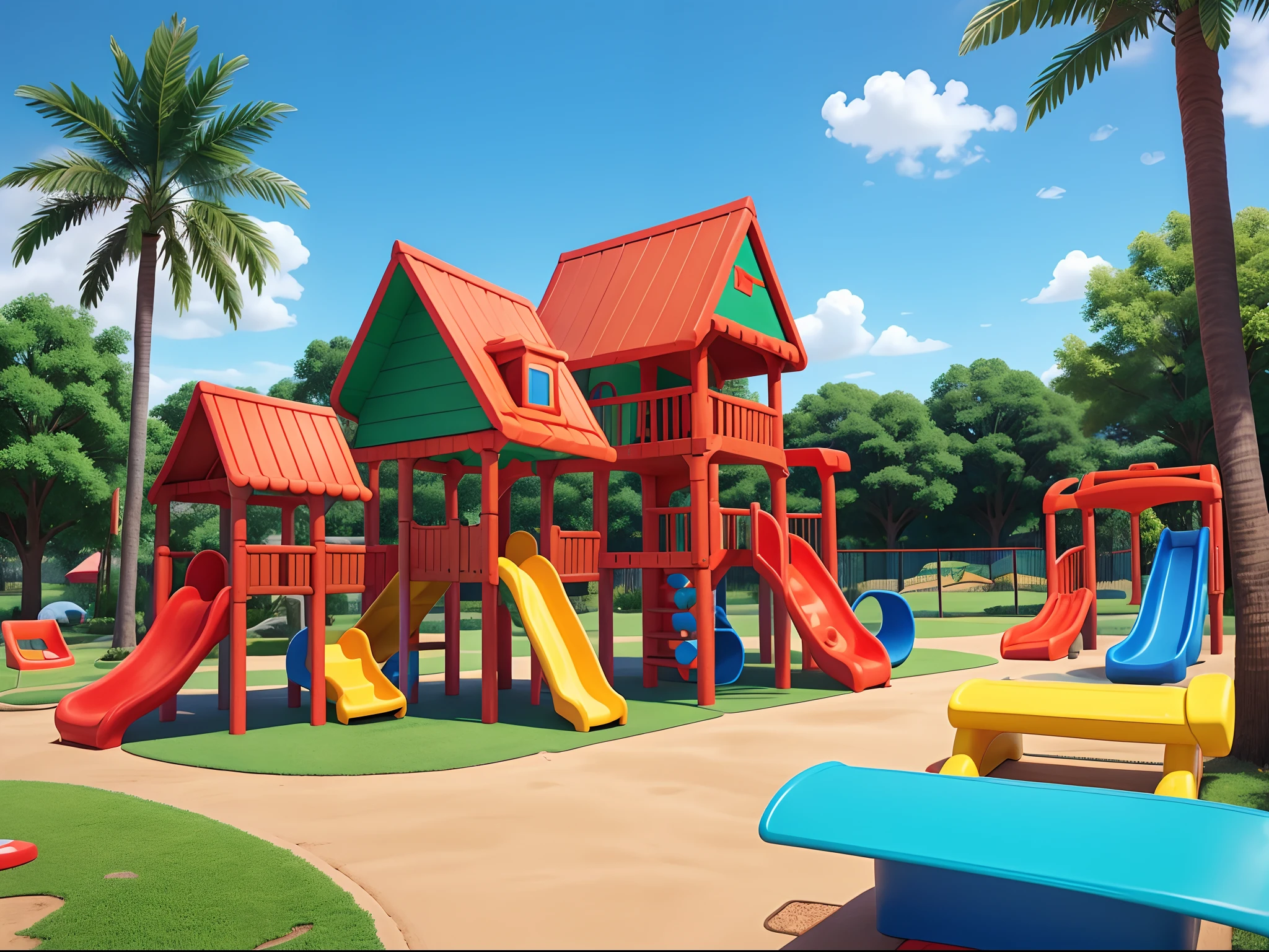 fun colorful outdoor playground and blue sky, with large orange slide, other toys around are ground with green grass