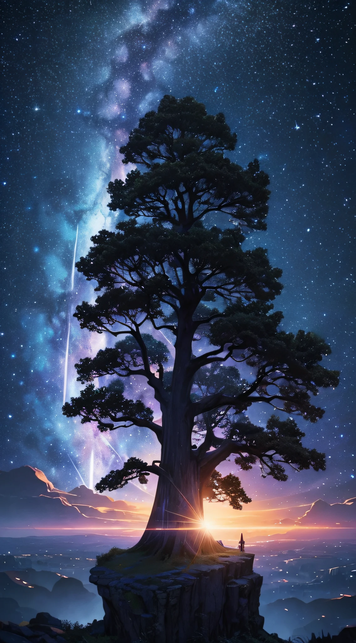 masterpiece、Background with((Fantastic starry sky、meteors、black hole))、Depth((Giant Tree、Fantastic、Luminescent))、Looking up