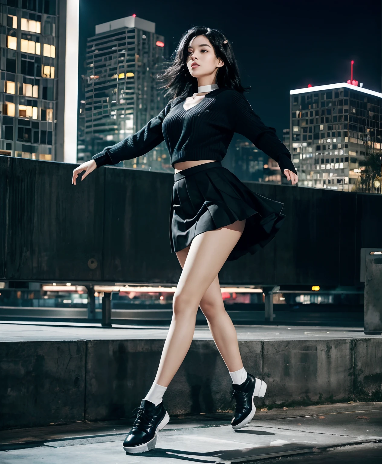 Young woman with black hair in sweater and black skirt with white collar is dancing outdoors at night. The background is、Shows a modern architectural environment with a layered concrete platform. The atmosphere seems urban and contemporary. Female movements suggest dynamic dance steps. the feet are in the air,Additional elements to note include:Includes background caution tape and bright city lights