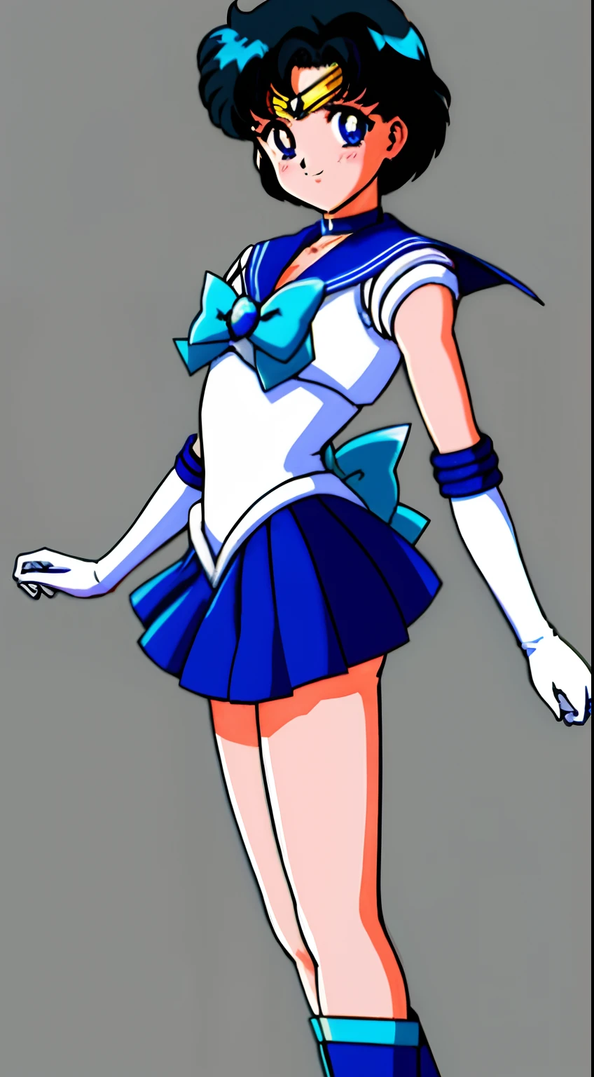 top-quality、masterpiece、Sailor Senshi Uniform、Anime Boy、Handsome boy、Junior high school boys、Ami Mizuno、gender change、Sailor Mercury、gender change(Girls to boys)、rating:safe、solo、Blue sailor collar、Sky blue bow tie、Magical Boy、Blue choker、Very short blue-haired boy、jewelry、skirt、耳Nipple Ring、white glove、elbowgloves、bow、Blue knee boots、Blue Heeled Boots、a blue skirt、circlet、Blue-eyed boy、back_bow、White leotard、highleg leotard、robe blanche、Boy with very short black hair、blue_bow、sky blue_bow、white_bow、Boy standing、smile、a miniskirt、pleatedskirt、Muscular men、photo、Bare shoulders、bare legs、Retro Anime Boys、an retro anime image、cel shaded anime、Hymns to the King as a Prince、full-body close-up shot、Anime、Soft lighting、(1990's\(styles\):0.9)、