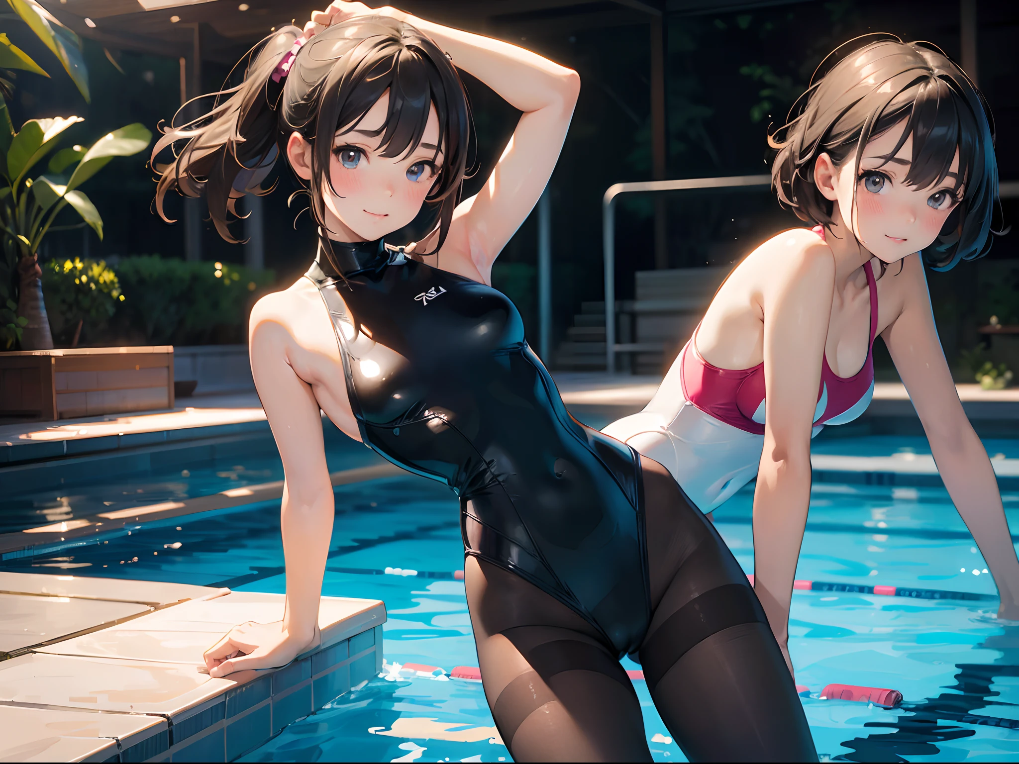 (best picture quality, 4K, high quality, masterpiece::1.2), ((masterpiece)), high detail, high quality, best picture quality, ((high quality, nsfw,  showing armpits, embarrassed,spread legs)), nsfw, (bun hair), cute,  girl in a competition swimsuit with pantyhose at poolside in the indoor pool, full body, loli, shorheight, medium breasts, bokeh, DOF, Portrait, evil grin, open stance, (cute illustration:1.2), high-resolution, ultra-detailed, best-quality, bare-shoulder,