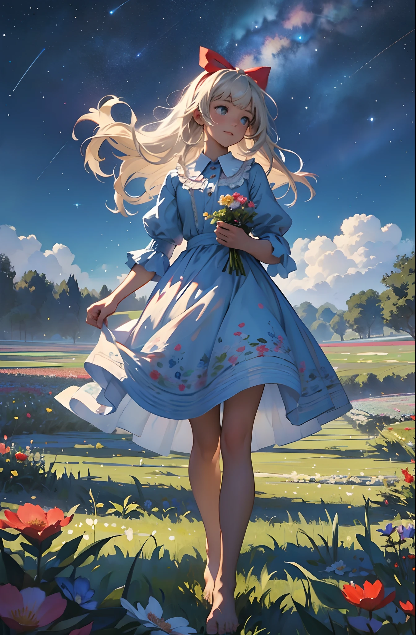 alice in the wonderland, (A bow on the head:1.1), Upper body,There is a girl standing in a flower field looking up at the sky, A girl standing in a flower field, A girl walks in a flower field, Get lost in a fantastic wonderland, standing in flower field, dreamlike digital painting, The sky is gradually clearing, The starry sky gradually receded,(Monet, Impresionismo, Oil painting), Barefoot,Barefoot,02
