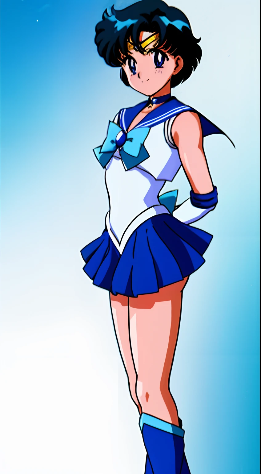 top-quality、​masterpiece、Sailor Senshi Uniform、Anime Boy、Handsome boy、Junior high school boys、Ami Mizuno、gender change、Sailor Mercury、gender change(Girls to boys)、rating:safe、solo、Blue sailor collar、Sky blue bow tie、Magical Boy、Blue choker、Very short blue-haired boy、jewelry、skirt、耳Nipple Ring、white glove、elbowgloves、bow、Blue knee boots、Blue Heeled Boots、a blue skirt、circlet、Blue-eyed boy、back_bow、White leotard、highleg leotard、robe blanche、Boy with very short black hair、blue_bow、sky blue_bow、white_bow、Boy standing、smile、a miniskirt、pleatedskirt、Muscular men、photo、Bare shoulders、bare legs、Retro Anime Boys、an retro anime image、cel shaded anime、Hymns to the King as a Prince、full-body close-up shot、Anime、Soft lighting、(1990's\(styles\):0.9)、