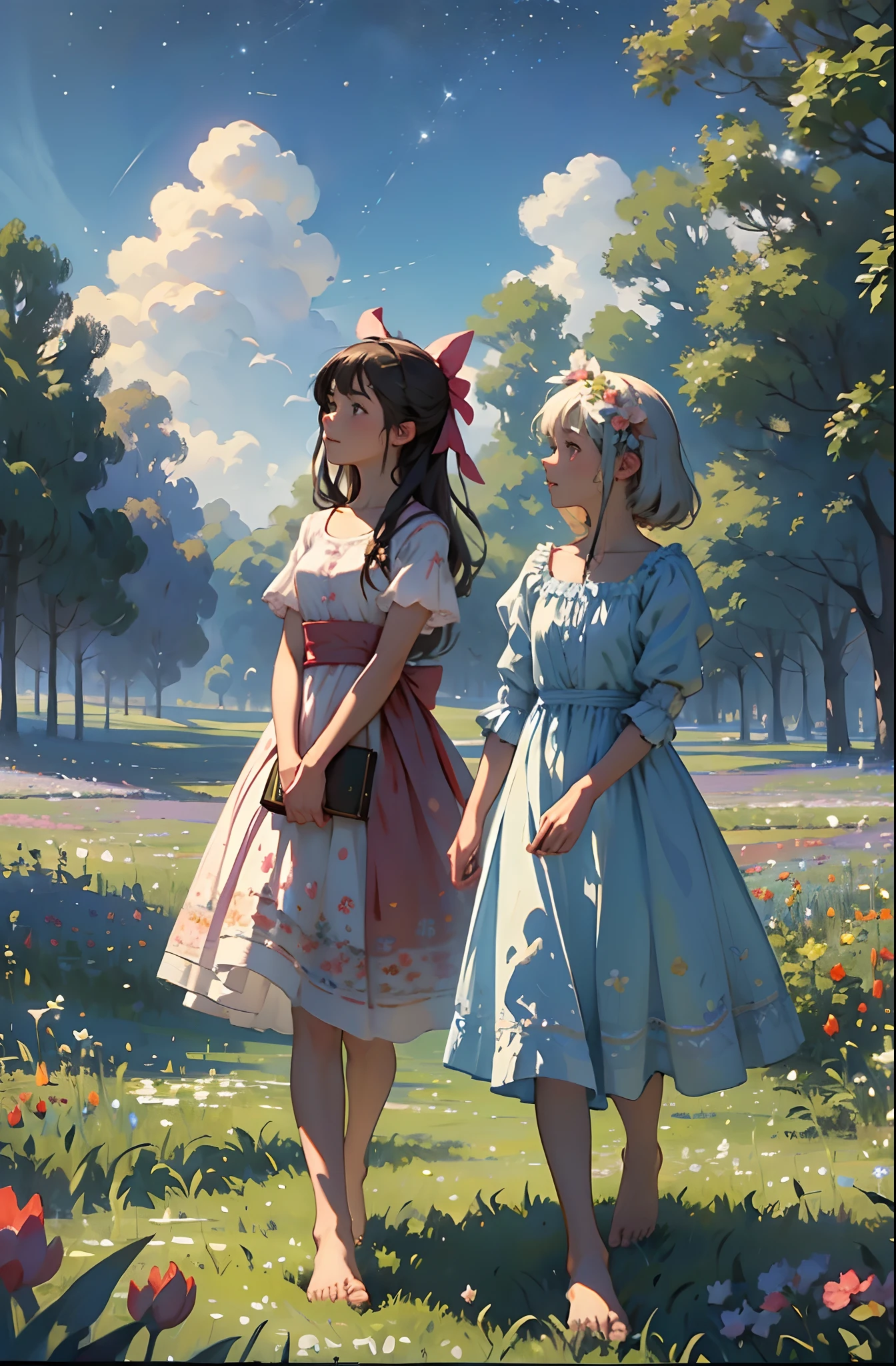 alice in the wonderland, (A bow on the head:1.1), Upper body,twogirls,2 sisters,Two girls stand in a field of flowers looking up at the sky, Two girls stand in a field of flowers, Two girls walking in a field of flowers, Get lost in a fantastic wonderland, standing in flower field, dreamlike digital painting, The sky is gradually clearing, The starry sky gradually receded,(Monet, Impresionismo, Oil painting), Barefoot,Barefoot,Have fun,03