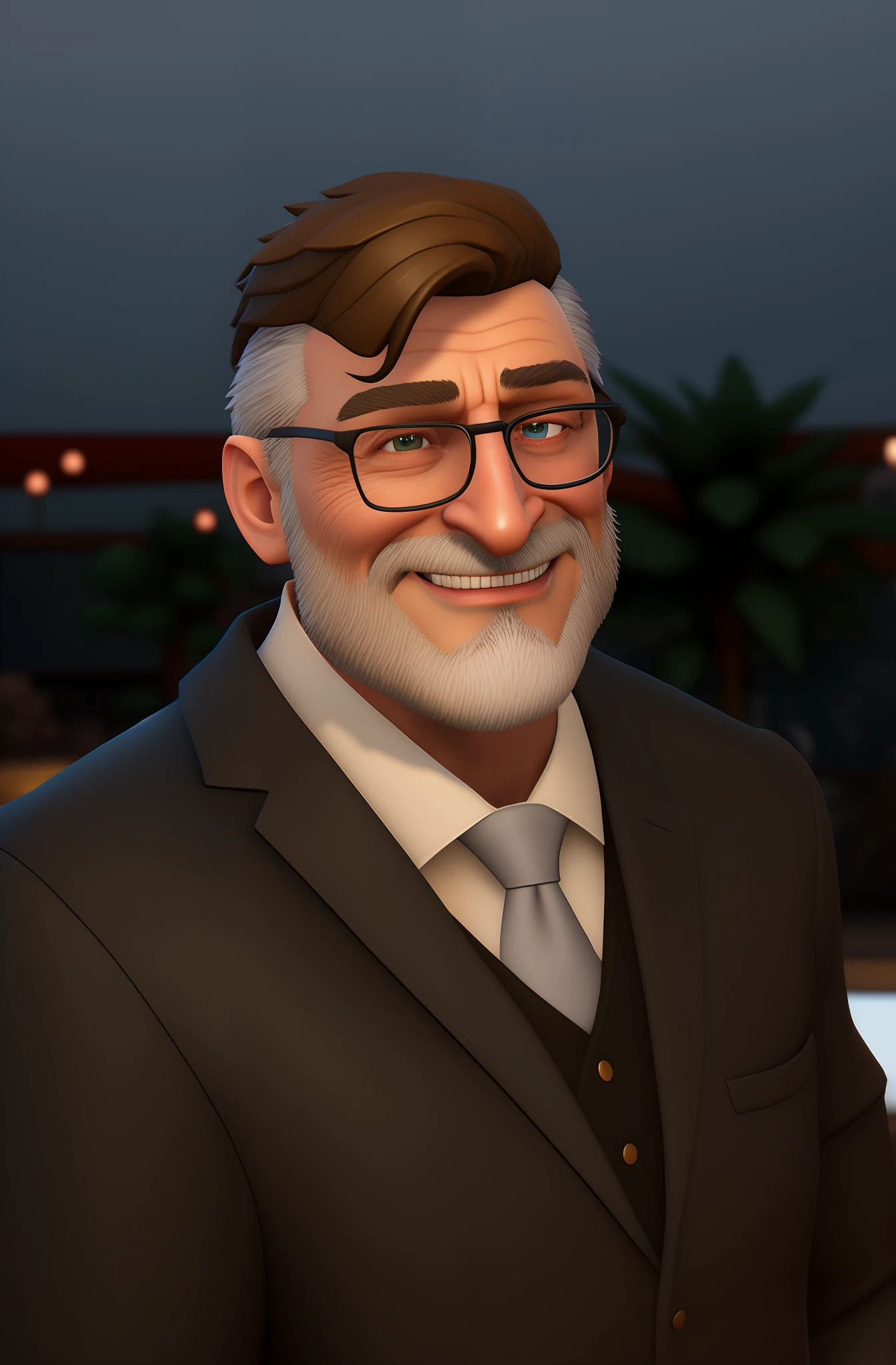 Man in gray suit and tie with beard and glasses, estilo Puxar Disney, Bill Gates em Overwatch, Personagem de close up, closeup retrato de personagem, pixar retrato 8 k foto, retrato headshot do personagem, Como um personagem de Overwatch, Personagem close up, retrato de personagem de closeup, Arnold Maya render, close-up do personagem, close - retrato facial de cima, como um personagem de fortnite