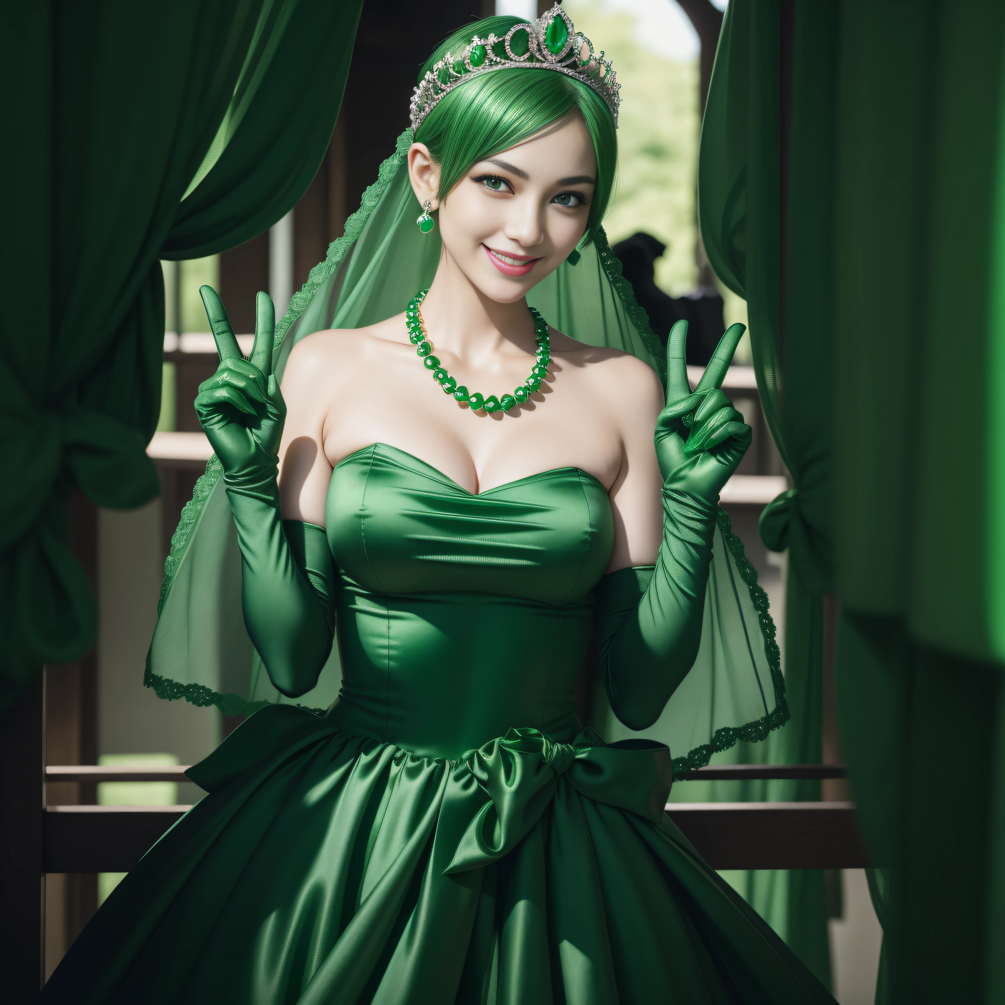 emerald tiara, Green Pearl Necklace, Boyish very short green hair, lipsticks, Japan woman smiling, very short short hair, big breasts beautiful, Green eyes, Long green gloves made of satin material, Green eyes,v sign, Emerald Earrings