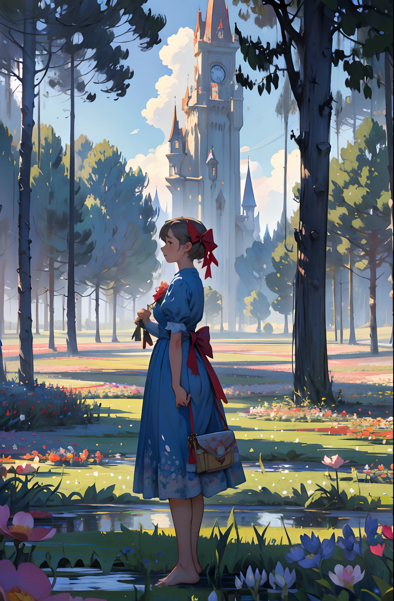 alice in the wonderland, (A bow on the head:1.1), Upper body,There is a girl standing in a flower field looking up at the sky, A girl standing in a flower field, A girl walks in a flower field, Get lost in a fantastic wonderland, standing in flower field, dreamlike digital painting, The sky is gradually clearing, The starry sky gradually receded,(Monet, Impresionismo, Oil painting), Barefoot,Barefoot,02
