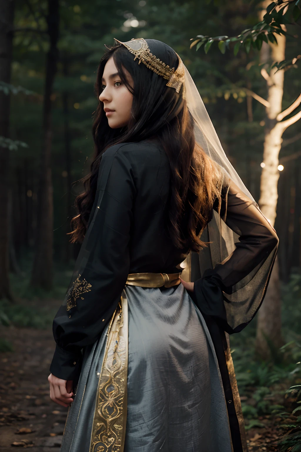 Young girl with black long hair, Transparent veil on the face, A veil on his head, Transparent handkerchief on the face, Transparent headscarf, Jewelry on the head, grey long dress with gold pattern, Gold patterns on fabric, Ringing coins on the belt, Vintage Dress, Fantasy Clothing, Oriental style of clothing, long flowing hair, Wavy Hair, A magical forest, Magic Lights, The girl is standing with her back, You can't see your face, realistic shot, filmstill, Flying Lights, night sky, Starry sky in the background, Night Forest