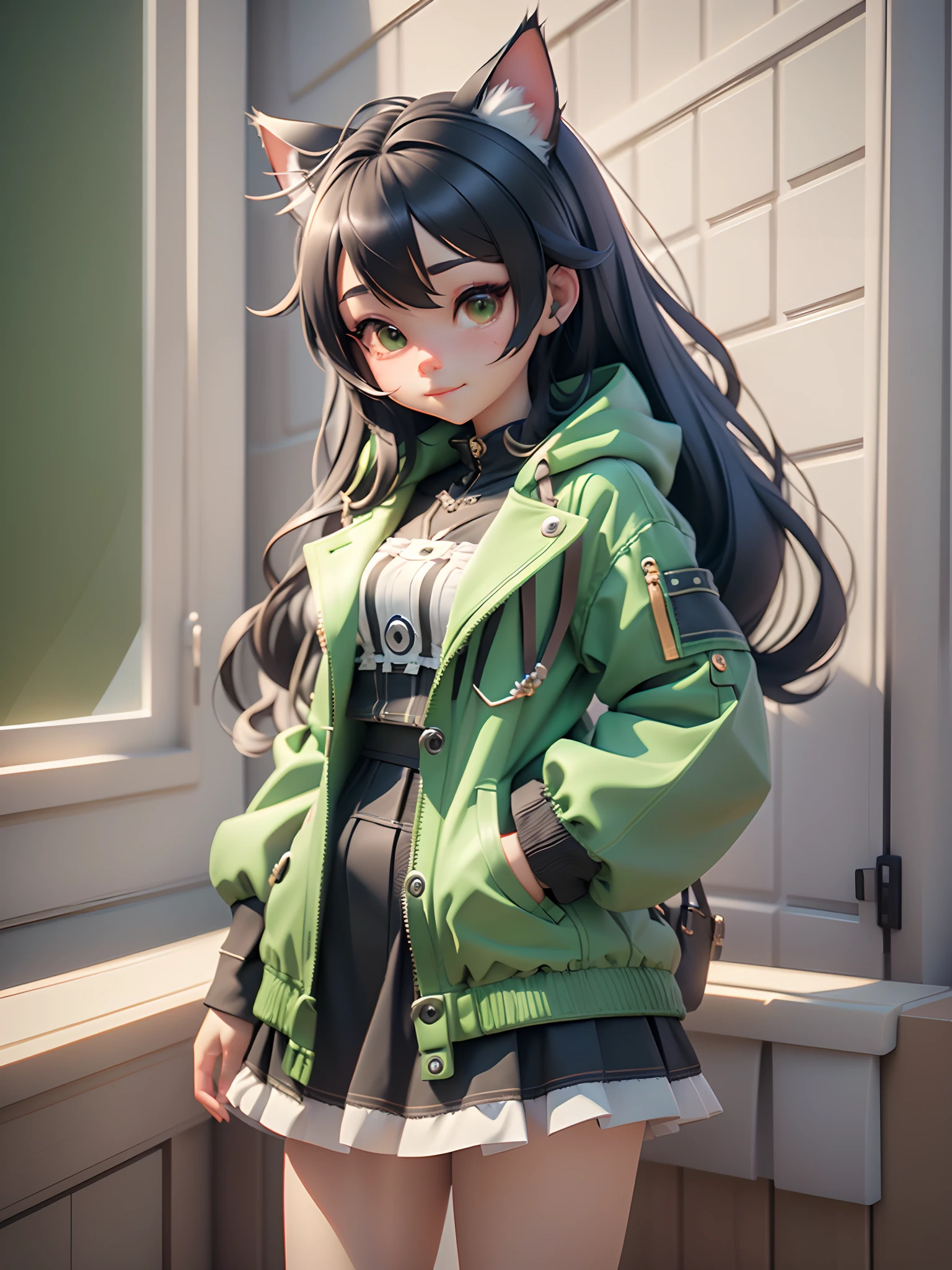 There is a doll with cat ears and a green coat, lovely digital painting, Cute detailed digital art, render of a cute 3d anime girl, cute 3 d render, anime styled 3d, adorable digital art, Kawaii realistic portrait, Realistic anime 3 D style, Cute anime girl, 3 D rendering character art 8 K, 3d anime girl, lovely art style