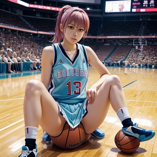 Satsuki Momoi from Kuroko's Basketball, spread legs, sitting on basketball, uplift miniskirt