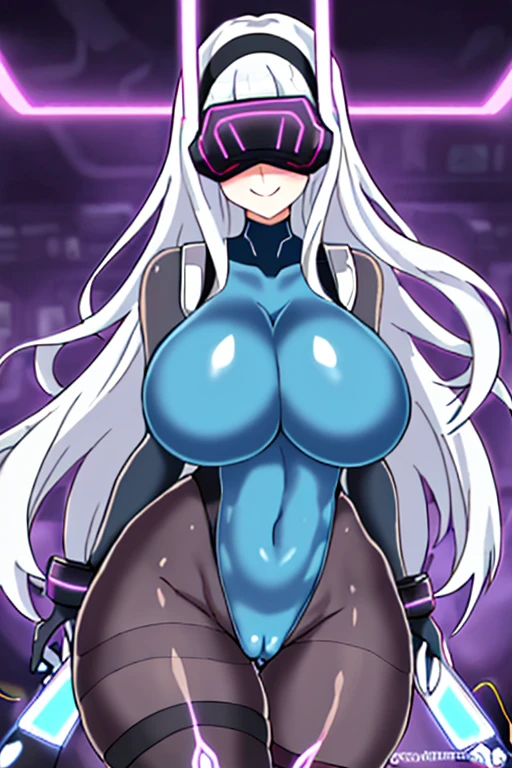 Multiple girl, multiple girls, large breaststhick thighs, anime style, anime screencap, mind control, hypnosis, futuristic, tech, science-fiction, vr visors, visors, covered eyes, head-mounted display, virtual reality visors, white hair, smile, visors on eyes, bodysuit, blue neon trim, pantyhose, cameltoe