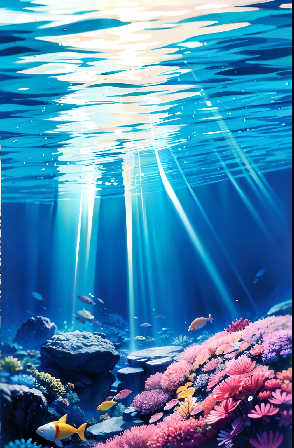 Underwater, sunlight is shining down.