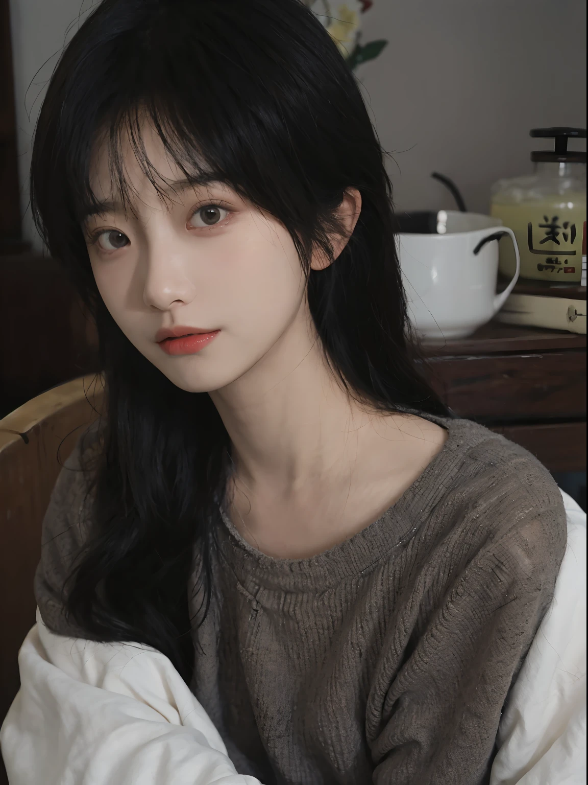 best qualtiy， 超高分辨率， （realisticlying：1.4）， A woman with long black hair and a gray sweater, 中景 the scene is, in a sunbeam，She has black hair，By bangs, young lovely Korean faces, wan adorable korean face, ulzzangs, Shin Jinying, beautiful aesthetic face, Korean face features, Played by Liu Lee Ji Eun ，Beautiful realistic face