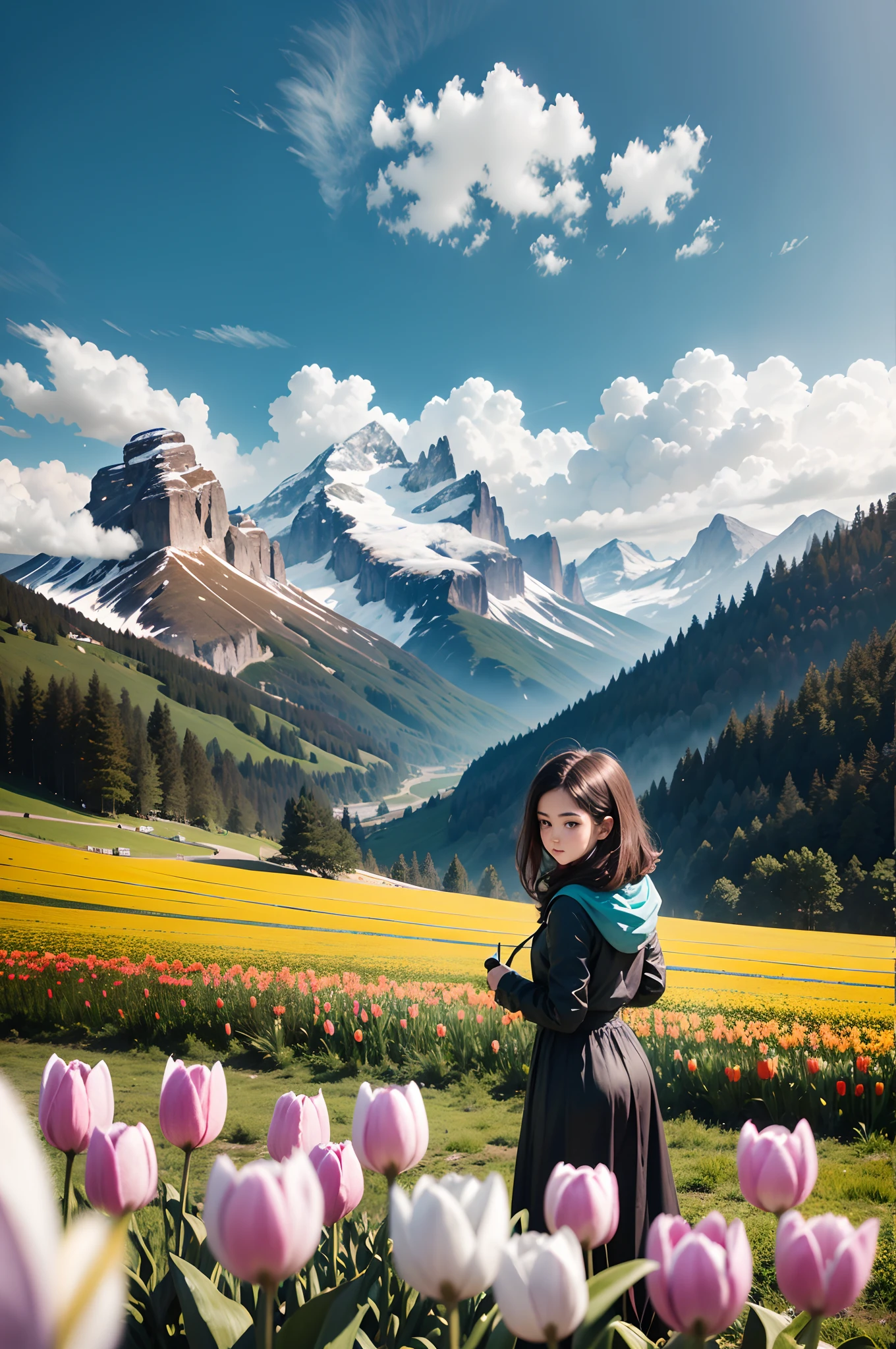 1 girl, small number of tulip flowers in the foreground,Medium green meadow,The vista is alpine, the blue sky is white, and goes,Natural light at noon,masterpiece,8k --auto --s2