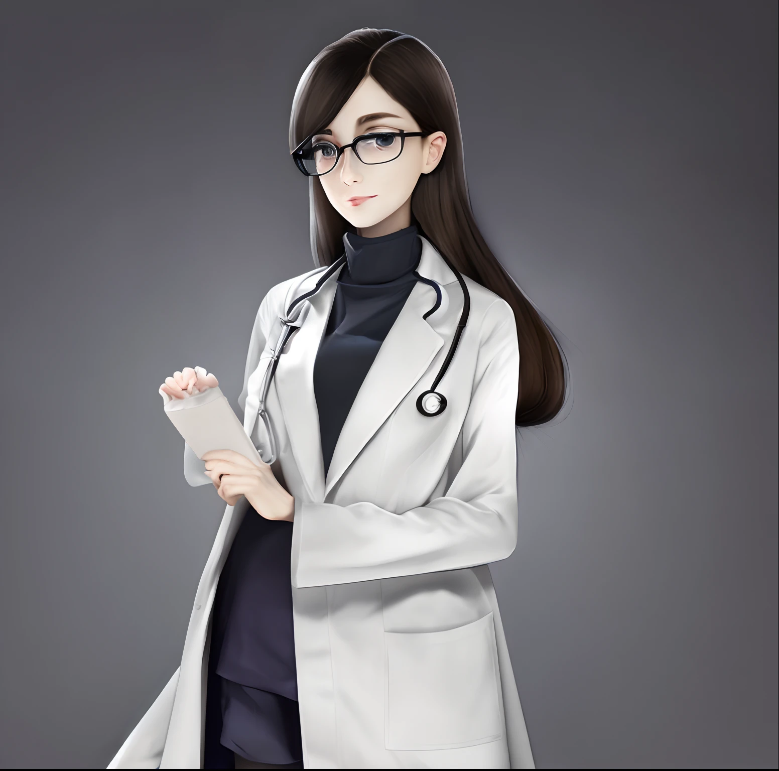 Female doctor　A dark-haired　poneyTail　Manteau blanc　odd eye　cana　eye glass　Full body like