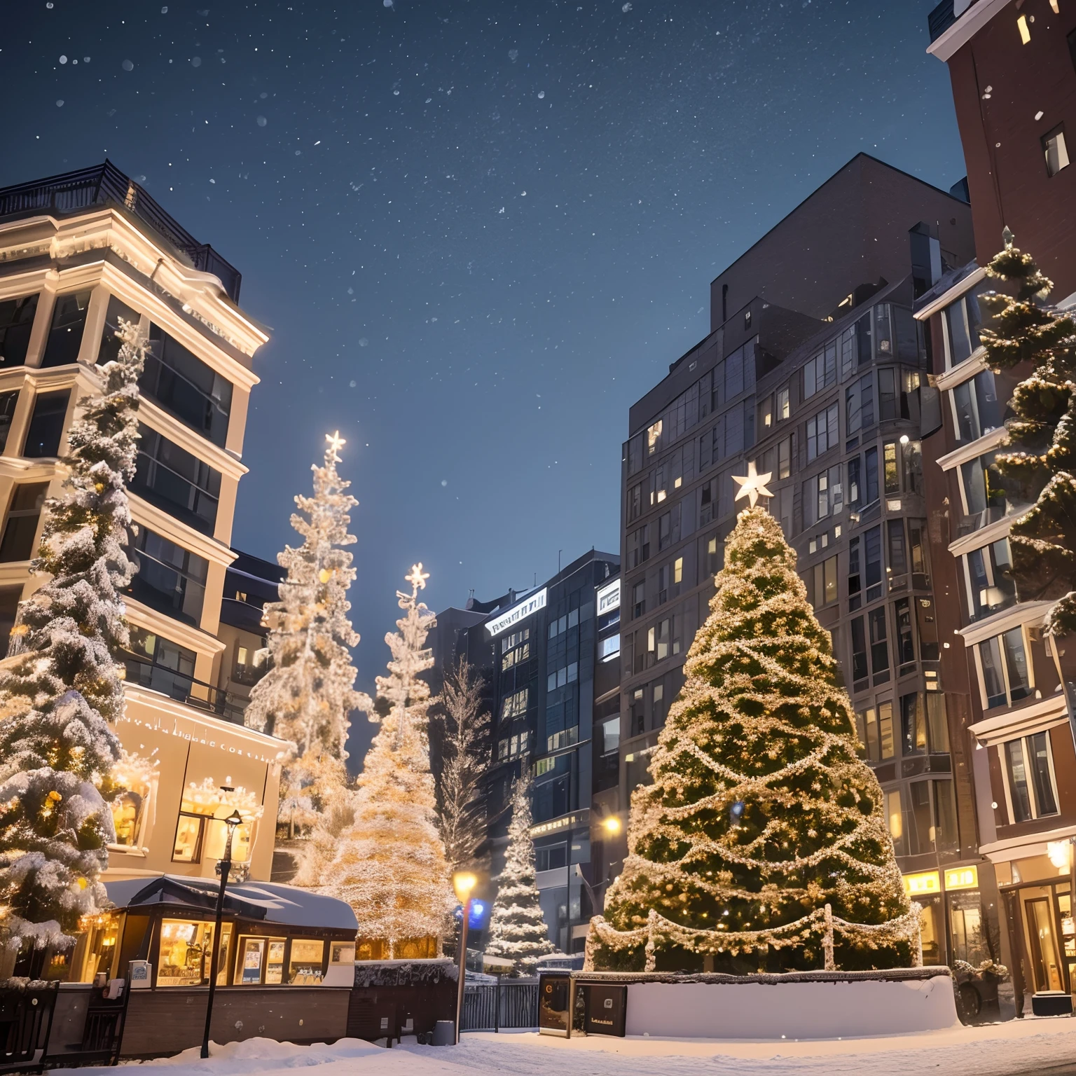 Real 4K Nobody Snowy night city with christmas tree a picture neons