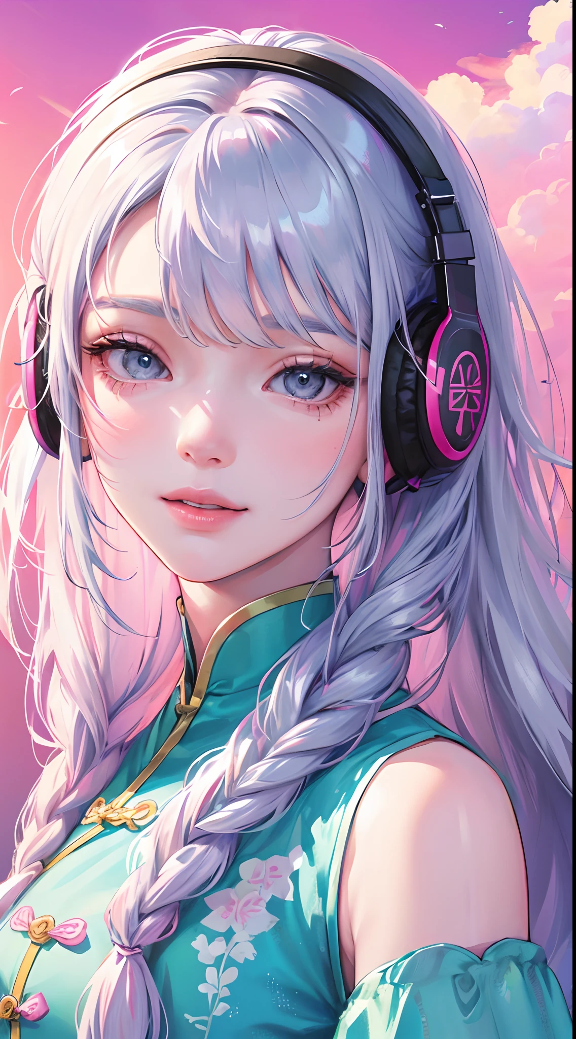 cute girly,Rainbow bright light long hair twisted braids,I'm listening to a song with headphones,Wear colorful tops,Colorful clear eyes,With a smile on your face,Tiny Face v1 highest image quality,Works of masters,Extremely delicate beautiful girl,Silver hair,Clean blurred background,big bright eyes,Supple, fair, translucent skin,Irregular cheongsam embroidered in Chinese style pink,Realistic and realistic,exquisite and complete facial features,Pink Lips,Beautiful, gentle and beautiful girl,Smooth hair,Charming temperament,extremy detailed,Realistic details,Elegant lines,Listen to songs with headphones,ultra HD wallpaper,very wide angle shot,and the sun was shining brightly,with blue sky and white clouds,A sea of flowers,Bust portrait