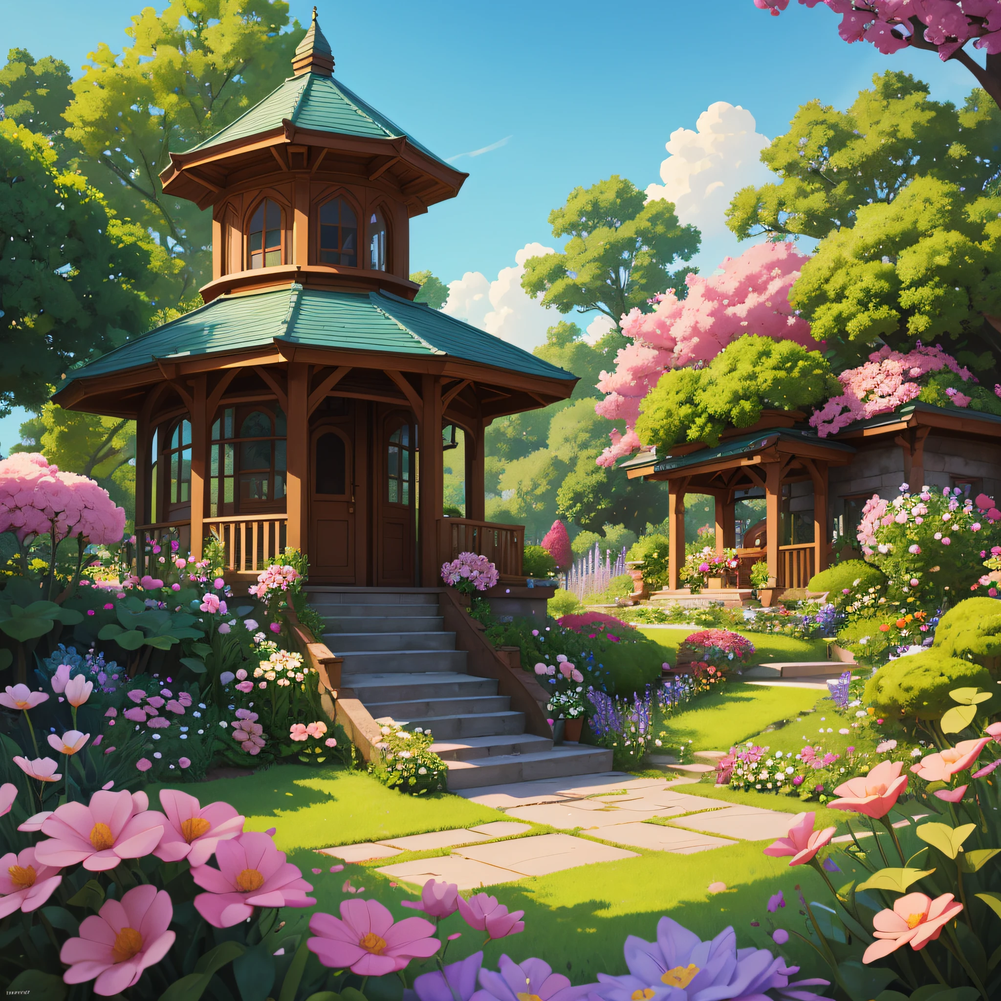 a digital illustration of a garden with a gazebo and flowers, anime background art, realistic garden, beautiful anime scenery, garden background, anime scenery, beautiful anime scene, anime beautiful peace scene, beautiful detailed scene, anime environment garden, immensely detailed scene, floral environment, Realistic scene, detailed scenery art, detailed scenery — width 672, Niji Anime background, by Ross Tran, hyper detailed scene, UHD, HDR, 32k
