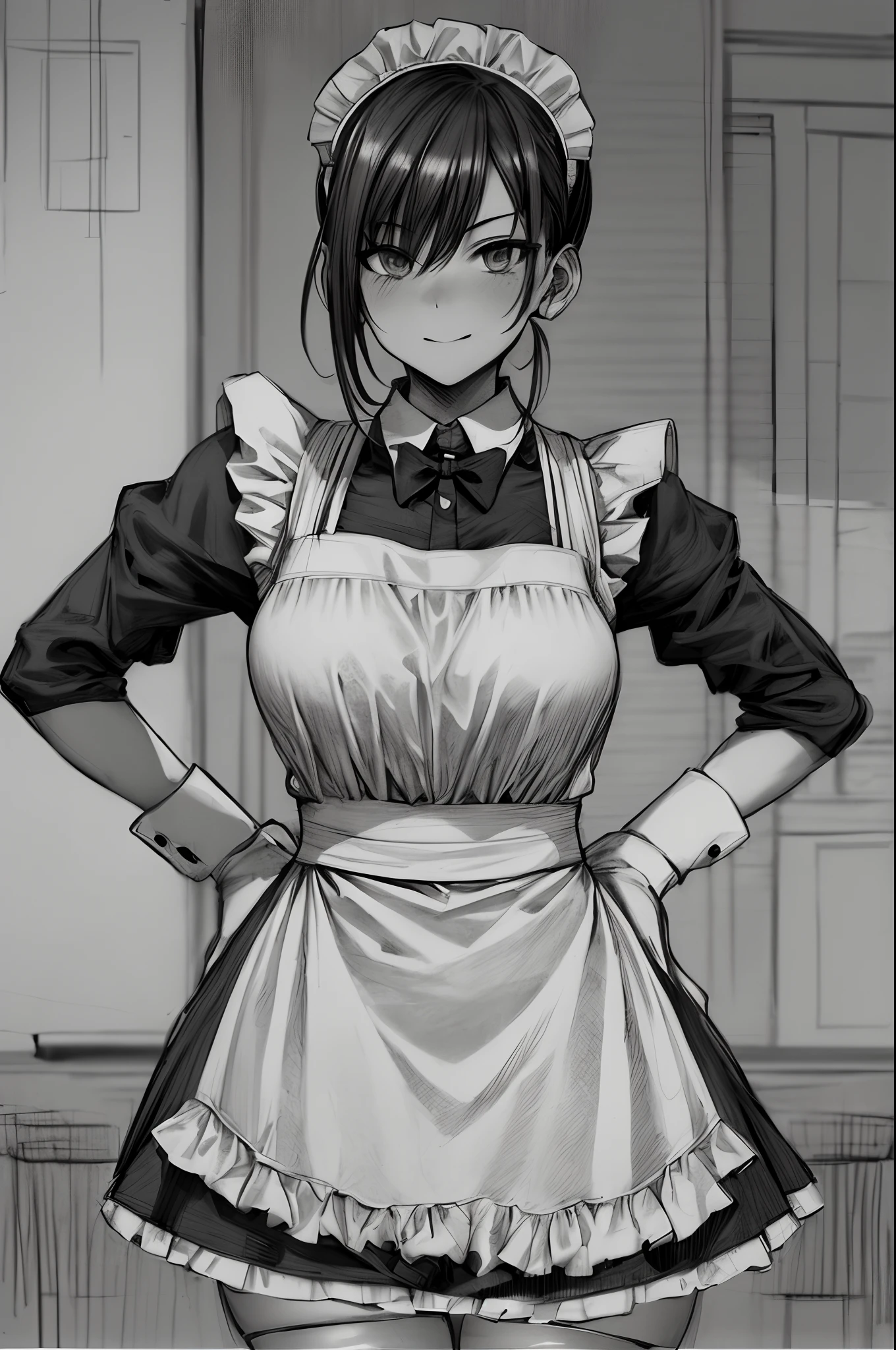 sketch_style, (1 girl,Maid,hands behind her back), solo, ink, sketch,family restaurant