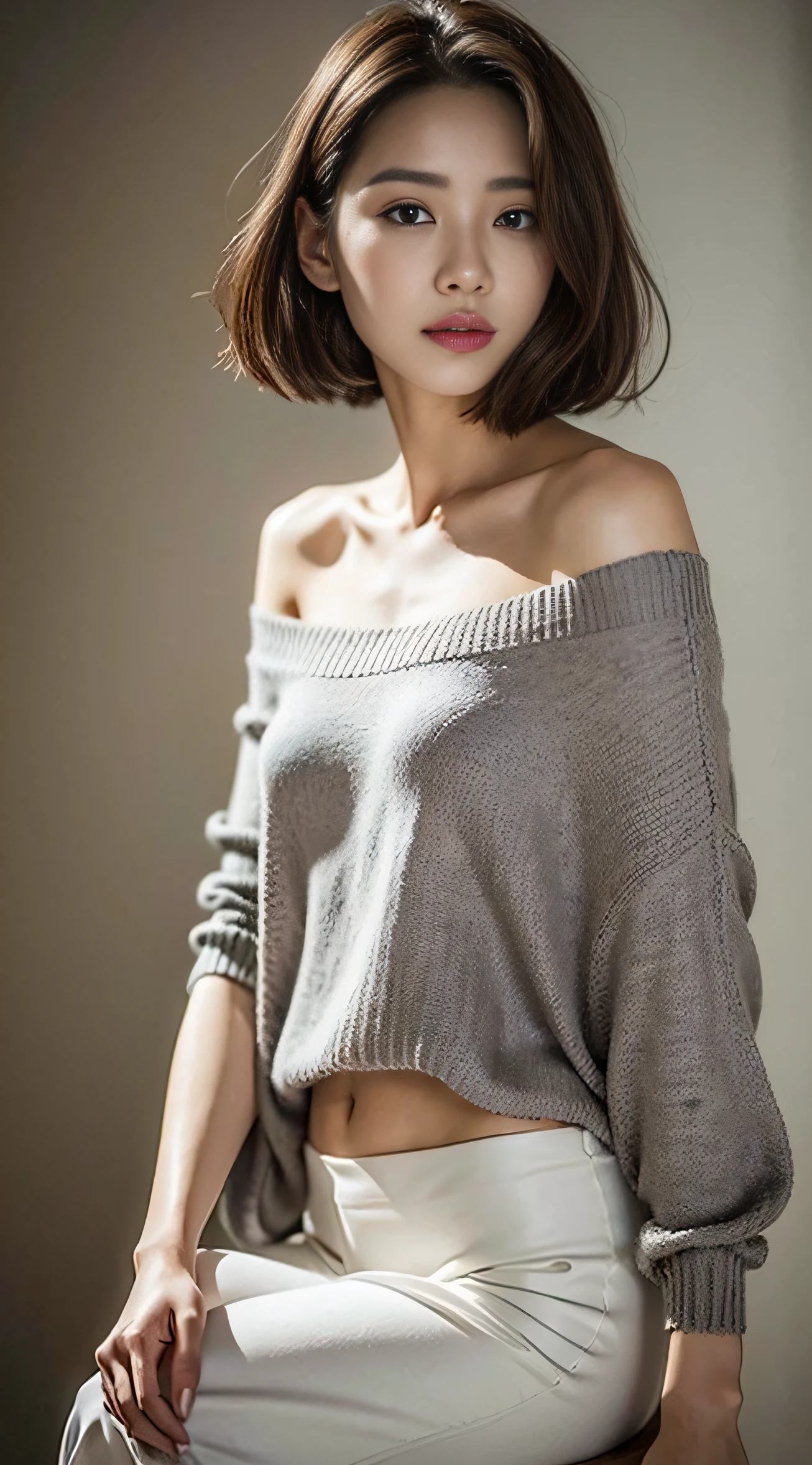 Close up of woman in grey shirt posing for photo, gray shirt, shoulder - length, off shoulder shirt, korean female fashion model, grey sweater, attractive girl, Gorgeous young Korean woman, photo 85mm, With short hair, gorgeous woman, Small shoulders, wearing a cute top, Open V chest clothes, by Leng Mei