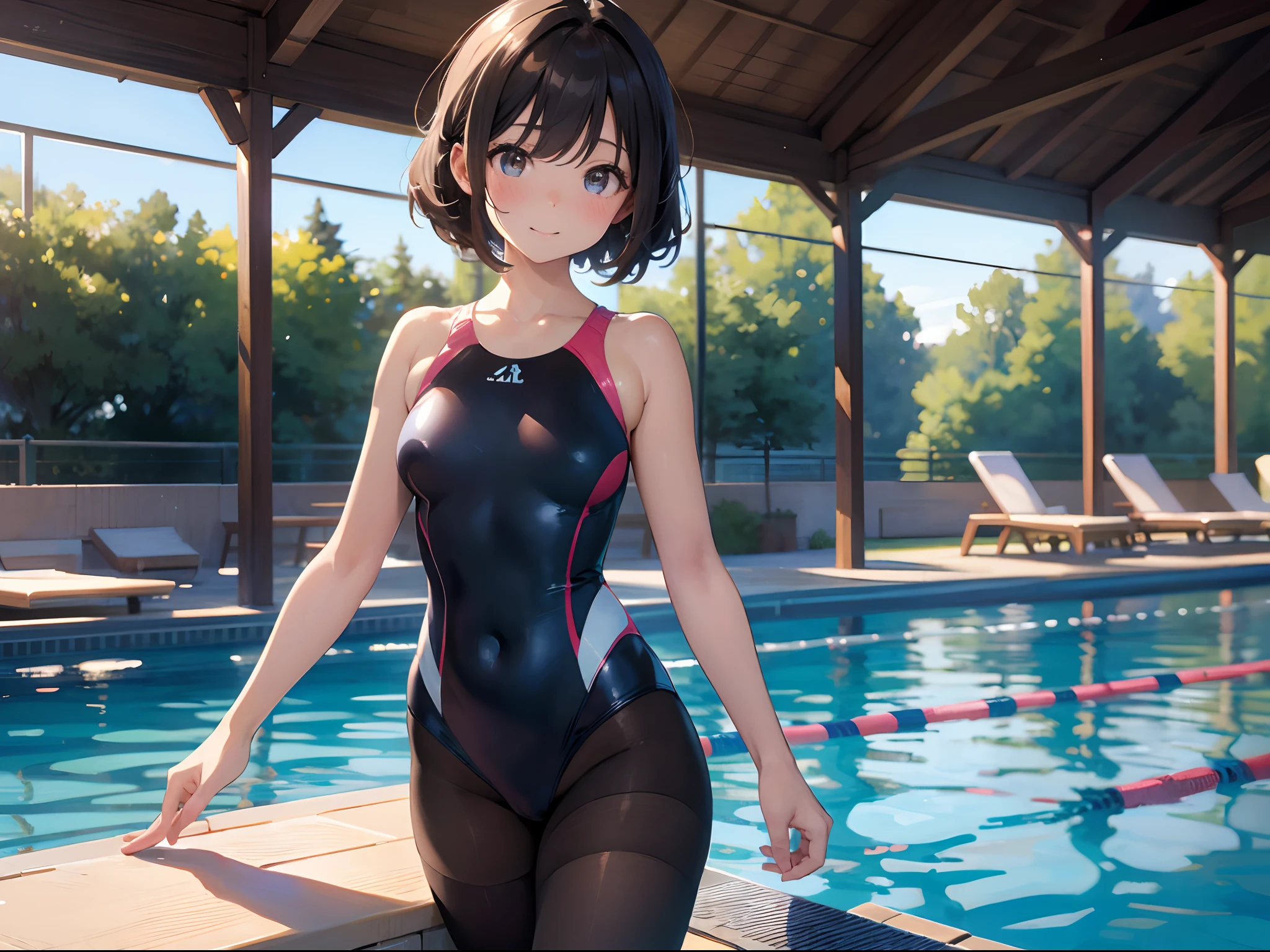 beautiful, masterpiece, best quality, hiqcgbody, anime, 1girl, medium breasts, olympic swimmer, transparent and Clear black swimsuit, portrait shot, looking at viewer, partially submerged, outdoor pool, wet skin, intricate details,>,((covered