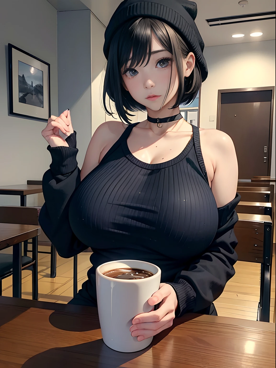 a 20 yo woman、(masterpiece:1.4)、(in 8K、realisitic、Raw photo、top-quality:1.4)、(Real Face:1.4)、(real looking skin:1.3)、超A high resolution、A hyper-realistic、Black eyes、black hair shorthair、耳环、knit hat、Dark blue sweater、(huge-breasted:1.5)、Blushing、alluring face、cafes、coffee、Sit up