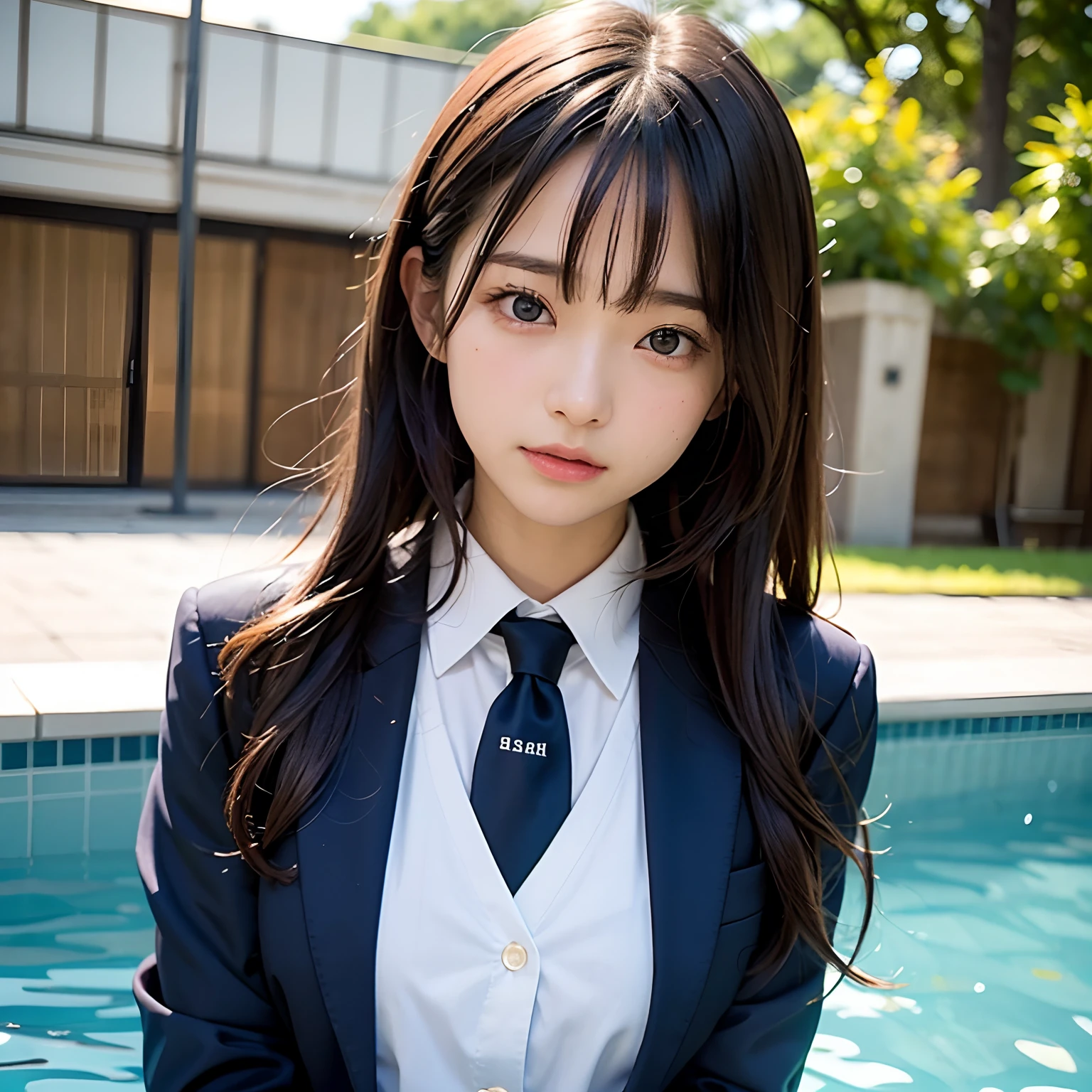 (masutepiece, Best Quality:1.2), 8K, Official art, Full body photo, full body Esbian、Fasten your tie、in poolside、turned around、Suits、Embarrassing black hair、14years、small tits、Happy、unbelievable Ridiculous, (Upper body, Dark blue suit:1.4), Beautiful Girl, Pretty Face, arching back down, cute panty、Gold hair ornament on hair、Wearing a cute suit、close up, Wearing a suit, Short sleeve, gardenia, violaceaess, Teen, in poolside, Looking at Viewer, Film grain, chromatic abberation, Sharp Focus, face lights, Dynamic lighting, Cinematic lighting, Eyes and faces with detailed, Bokeh background, (Tie with Emma written on it、1 copy:1.2)