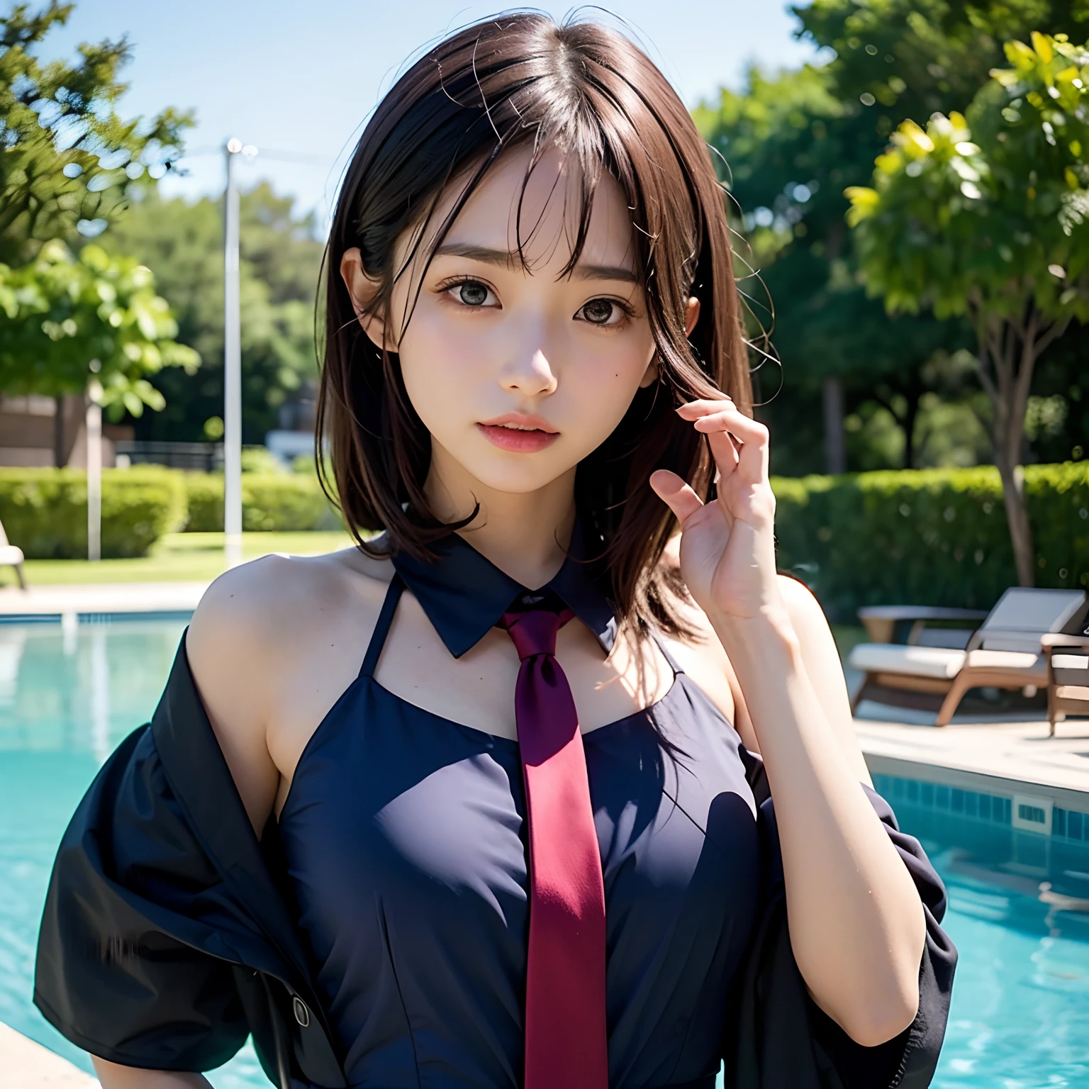 (masutepiece, Best Quality:1.2), 8K, Official art, Full body photo, full body Esbian、Fasten your tie、in poolside、turned around、Suits、Embarrassing black hair、14years、small tits、Happy、unbelievable Ridiculous, (Upper body, Dark blue suit:1.4), Beautiful Girl, Pretty Face, arching back down, cute panty、Gold hair ornament on hair、Wearing a cute suit、close up, Wearing a suit, Short sleeve, gardenia, violaceaess, Teen, in poolside, Looking at Viewer, Film grain, chromatic abberation, Sharp Focus, face lights, Dynamic lighting, Cinematic lighting, Eyes and faces with detailed, Bokeh background, (Tie with Emma written on it、1 copy:1.2)