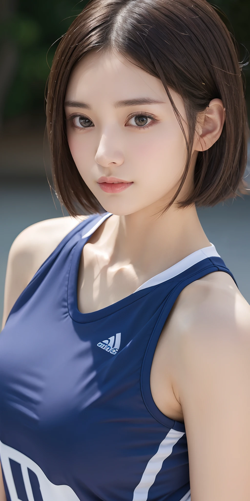 top-quality、hight resolution、masutepiece、a picture、wall-paper、realisitic、Bright lighting、profetional lighting、face lights、Smooth lighting、Women in Japan、a 25yo woman、Beautiful sister、Adult beauty、a beauty girl、女優、modeled、Idol、Super beautiful、Beautiful skins、Beautiful and detailed eyes、Beautiful and detailed eyes、A detailed face、slim、medium large breasts、Medium Hair、short medium hair、brunette color hair、Basketball Wear