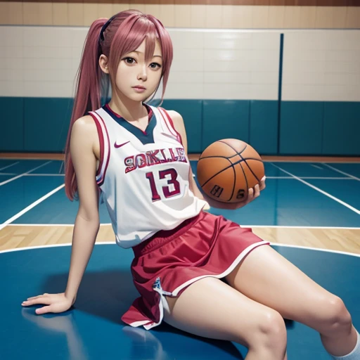 Satsuki Momoi from Kuroko's Basketball, spread legs, sitting on basketball, uplift miniskirt, no panties, no underwear