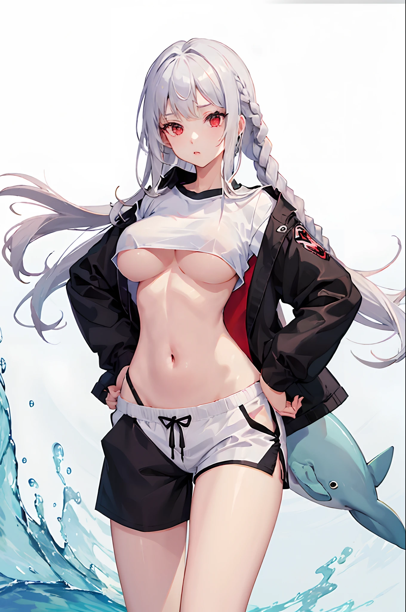 1girl, white hair, red eyes, navel, looking at viewer, hand on hip, black jacket, dolphin shorts, groin, (white shirt:1.2), braid, very long hair, wide hips,
underboob, shirt,
big\(BodyProportions\),