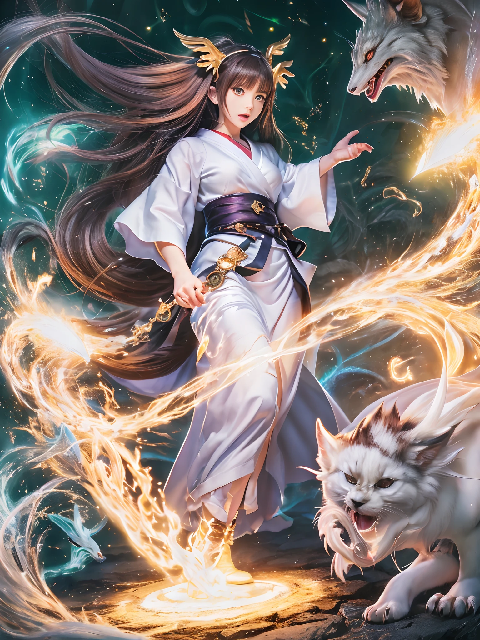 (((nffsw))), (((masutepiece))), (((8K))), (((hight resolution))), (((photographrealistic))), god rays, Zoom Layer, (((FULL BODYSHOT))), F/4.0, canon, Shiny skin,Detailed skin,Detailed face, Detailed eyes, 15-year-old beautiful Female summoner with summoned beasts, young face, Traditional white hakama, symbols of power materializing beneath her feet, calling forth summoned beasts, beautiful face , detailed face, Long, straight, golden hair, Large, pretty eyes, Blue ribbon in hair, Red belt, Calf-length boots, Occasionally wears jewelry, summoning ritual, a soft, ethereal glow emanating from her hands, enveloped in a sparkling magical aura