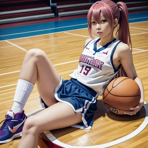 Satsuki Momoi from Kuroko's Basketball, spread legs, sitting on basketball, uplift miniskirt