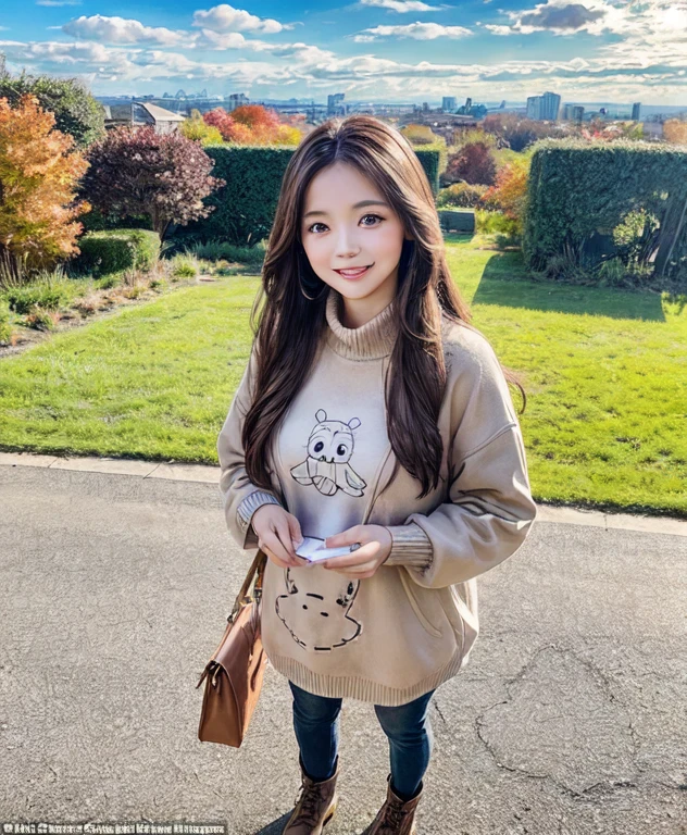 From above, woman standing outdoors with doodle-like drawings superimposed over the photo,autumn outfit, Long straight hair,smile, appears to be enjoying a sunny day, doodles include various shapes and symbols such as hearts, clouds, STAR, which add a whimsical, artistic overlay to photograph