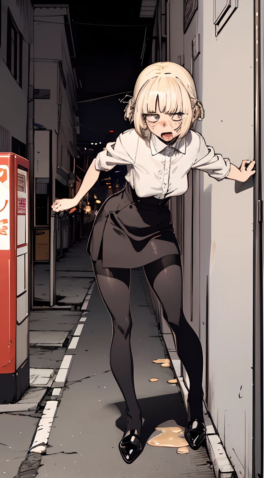 superfine illustration, super detailed skin, 1 girl, Petite, (Drunk:1.4), blonde  hair, a short bob, OL 、 pantyhose, heels, Street corner at night, Spit out vomit, (Drunk and stumble:1.2), 、Anime style、