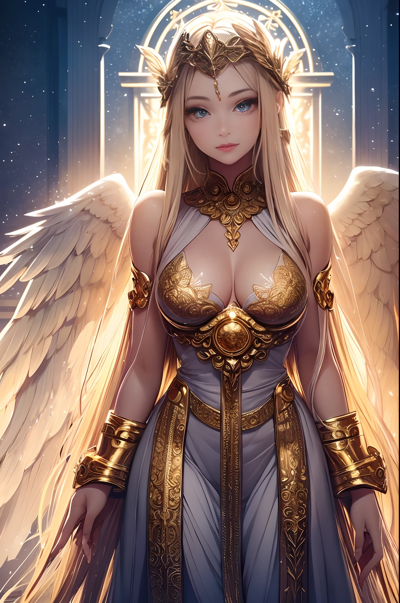 Angerwomont,1girl in,Beautiful detailed eyes,Beautiful detailed lips,extremely detailed eye and face,longeyelashes,Soft and glowing skin,serene expressions, Radiant smile, flowing golden hair, wings with white feathers, shining halo,heavenly aura, ethereal beauty,Gold and white attire,Ornate and intricate design,Celestial atmosphere,Sacred background,Divine Light,Angelic Beings