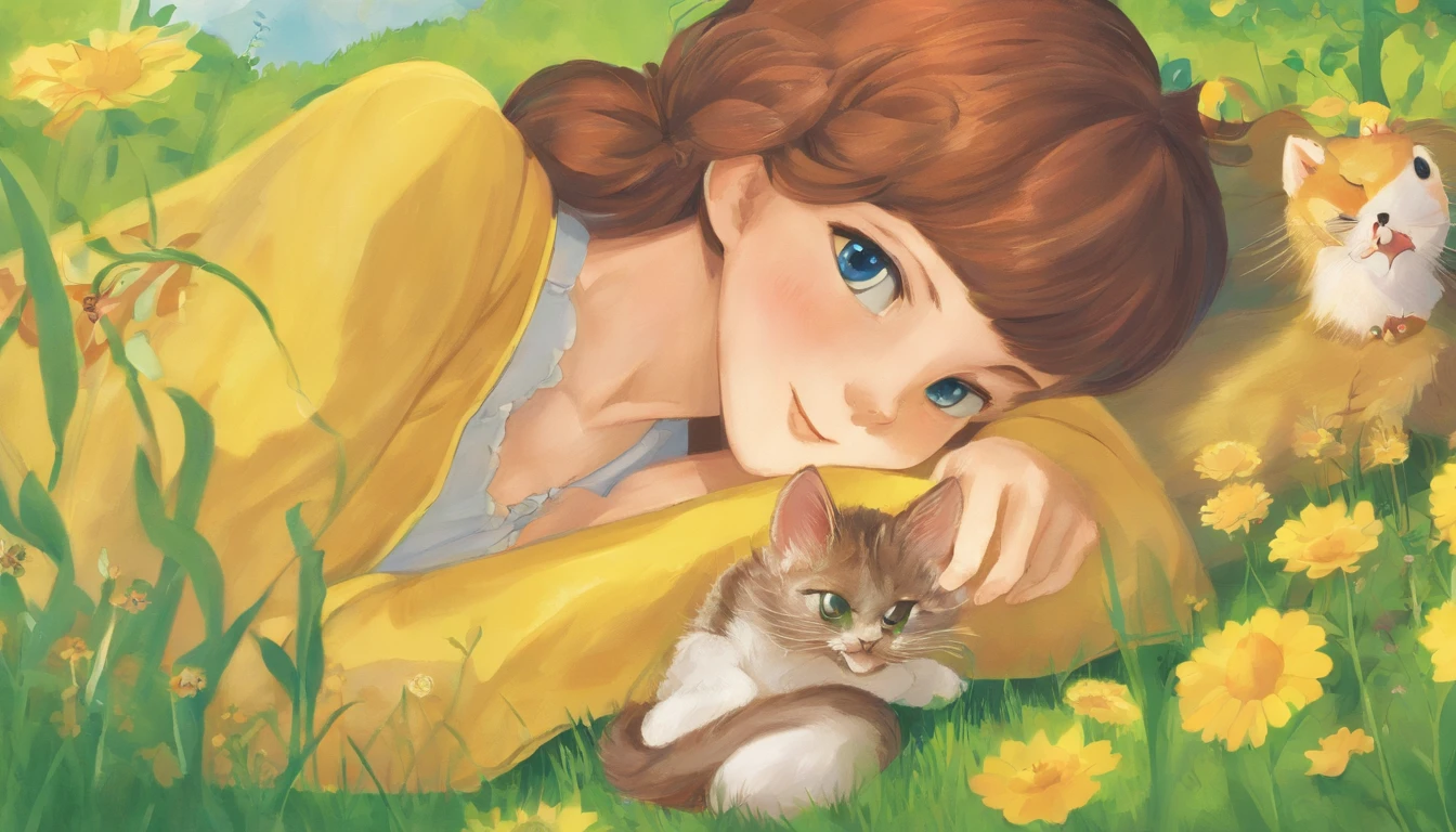 A girl and a cat meet in a sunny park A -yeld chnut-haired girl is lying on the lawn Cats are medium in size、Staring at the girl in gray clothes with a kind face、nestle Fantastic and happy feelings The overall design is classic.、The color is intense yellow Picture book illustrations