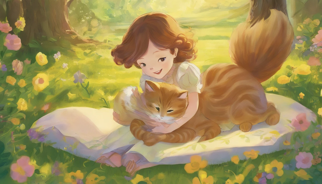 A girl and a cat meet in a sunny park　A 10-year-old chestnut-haired girl is lying on the lawn　Cats are medium in size、Staring at the girl in gray clothes with a kind face、nestle　Fantastic and happy feelings　The overall design is classic.、The color is intense yellow　Picture book illustrations