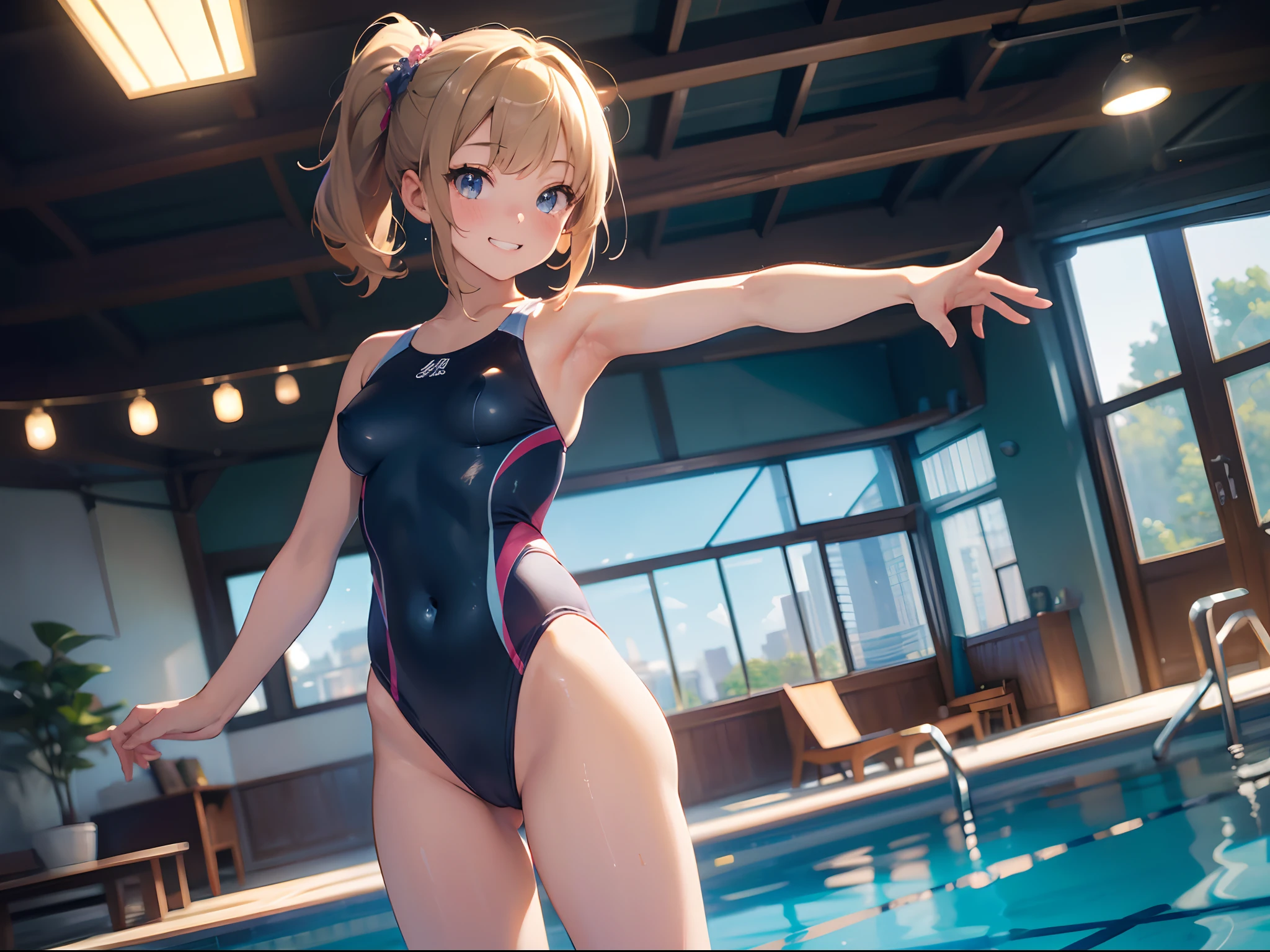 (best picture quality, 4K, high quality, masterpiece::1.2), ((masterpiece)), high detail, high quality, best picture quality, ((high quality, nsfw,  showing armpits, embarrassed, open legs)), cute, early teen girl in a competition swimsuit with pantyhose at poolside in the indoor pool, full body, loli, short height, medium breasts, bokeh, DOF, Portrait, evil grin, open stance, (cute illustration:1.2), high-resolution, ultra-detailed, best-quality, bare-shoulder,