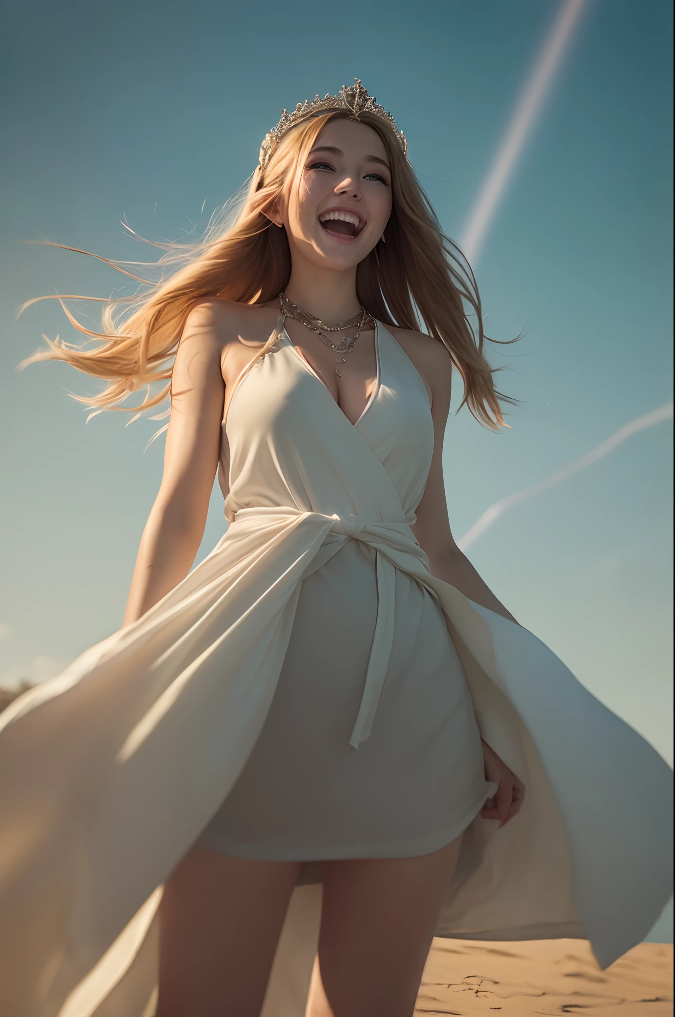 Young goddess, ((Her clothes are all flipping up by extremely strong wind):1.2), (wearing robe, tiara, necklace, blonde hair, blue eyes), (in the nordic nature), (laughing), (cinematic lighting, surrealism, god rays), (masterpiece, 8K highest resolution), wide view,