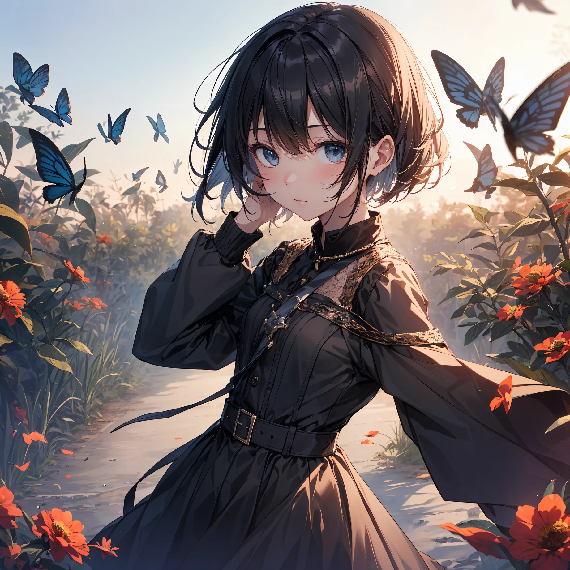 portrait, photo, a -yeld giwith a gender-neutral charm wearing white dress and hot pants surrounded by butterflies in a flower field, high quality, Rule of Thirds, centered on the subject, eye level shot, medium shot, side view, natural lighting, surrounded by butterflies, gender-neutral charm, nature.break,1girl, kawaii,(Solo,Loli face,12-year-o:1.androous charm,(Very Short hair),flat chest, Beautiful detailed black eyes, (wearing hot pants under white dress:1.2), colorful butterflies, break,((top quality,shinkai makoto style,ultra-detailed,high resolution,extremely detailed CG,unity 8k wallpaper,by famous artist,perfect anatomy,super detailed skin,cinematic lighting)),