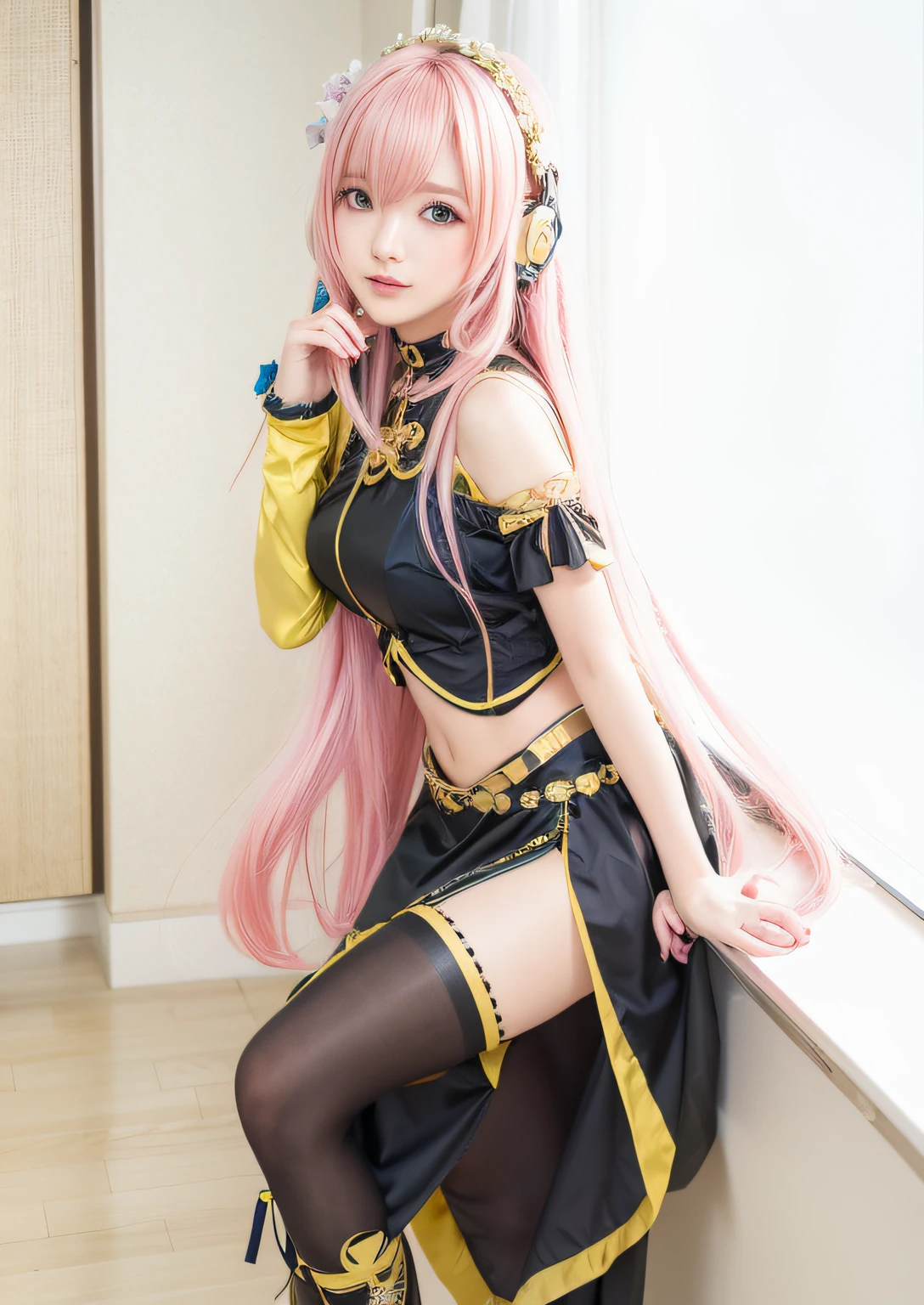 chica anime con cabello rosa y ojos azules sentada en una silla, Lindo waifu en un bonito vestido, seductora chica, Chica anime con pelo largo, Pelo rosa de cola doble y ojos cian, vocaloid, megurine luka, auriculares