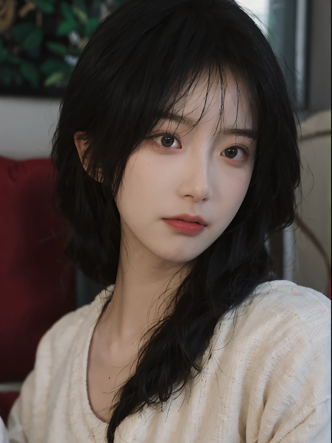 best qualtiy, 超高分辨率, (realisticlying:1.4), A woman with long black hair and a gray sweater, 中景 the scene is, in a sunbeam,She has black hair,By bangs, young lovely Korean faces, wan adorable korean face, ulzzangs, Shin Jinying, beautiful aesthetic face, Korean face features, Played by Liu Lee Ji Eun ,Beautiful realistic face
