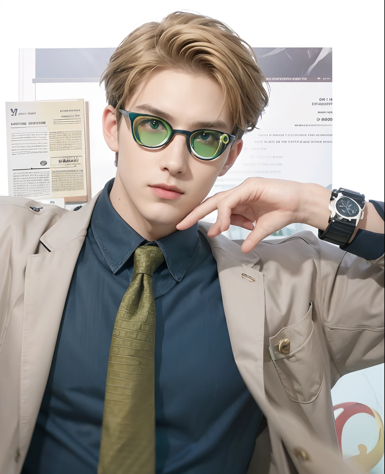 Adapt this character to realistic real life, the hair color is exactly the same,Exactly the same hairstyle, realistic handsome face, realistic cool expression,Realistic swimming goggles, adapt the exact same clothes,Realistic 5 finger hands,Wearing a realistic black watch,Realistic light, realistic shadows, realistic background, Realistic green round glasses,Realistic dark blonde hair color,