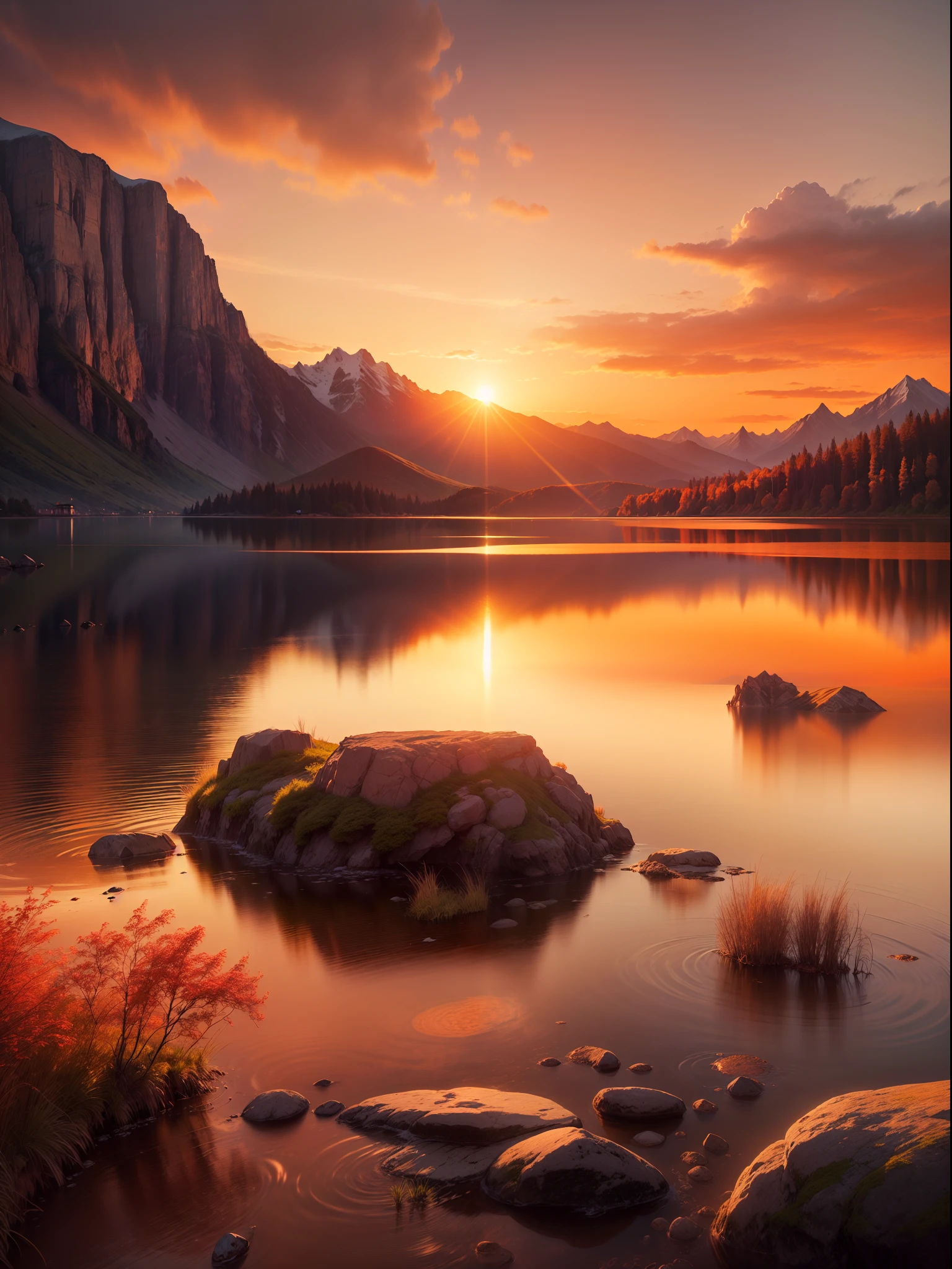 "Generate a vivid and realistic landscape image of a serene sunset scene over a tranquil lake with mountains in the background. Include warm hues, reflections on the water, and a sense of calm. The image should be in a widescreen format with a resolution of at least 1920x1080 pixels."