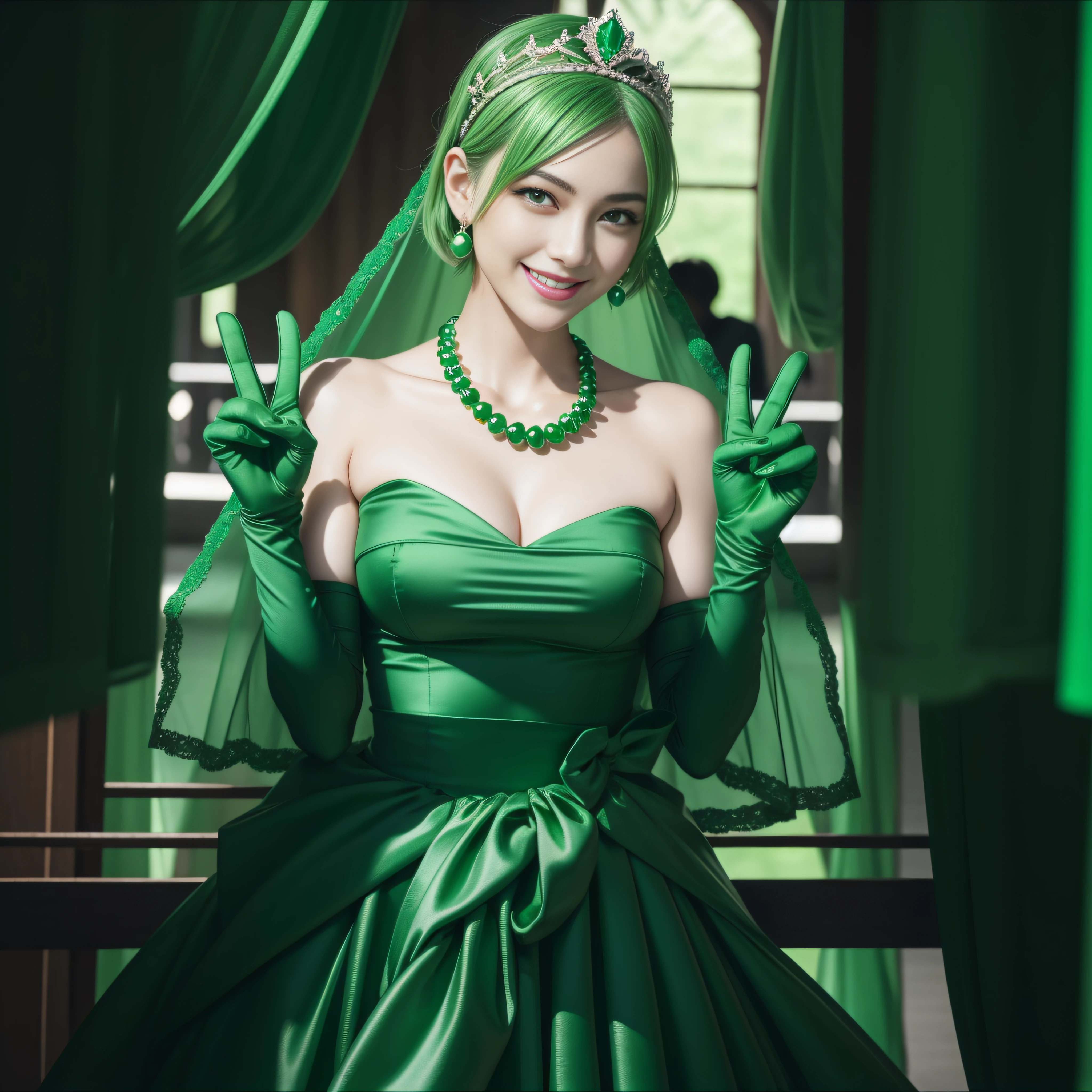 emerald tiara, Green Pearl Necklace, Boyish very short green hair, lipsticks, Japan woman smiling, very short short hair, big breasts beautiful, Green eyes, Long green gloves made of satin material, Green eyes, v sign,V-sign with both hands, Emerald Earrings