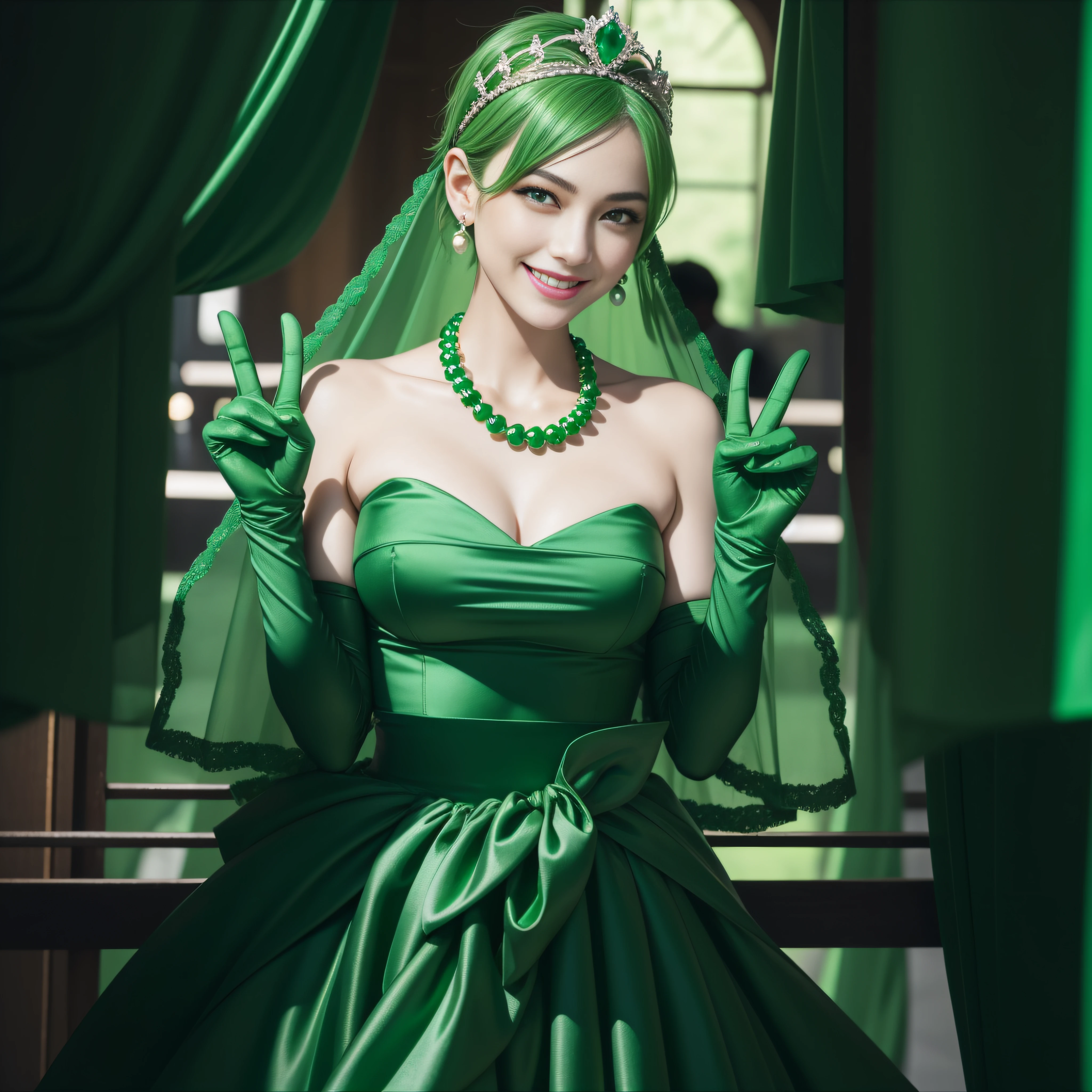 Emerald tiara, Green Pearl Necklace, Boyish very short green hair, lipstick, Smiling Japanese woman, Very short hair, Big and beautiful, Green Eyes, Long green satin gloves, Green Eyes, V sign, Emerald Earrings, Green veil, peace sign, 30-year-old female, Bride in her 30s