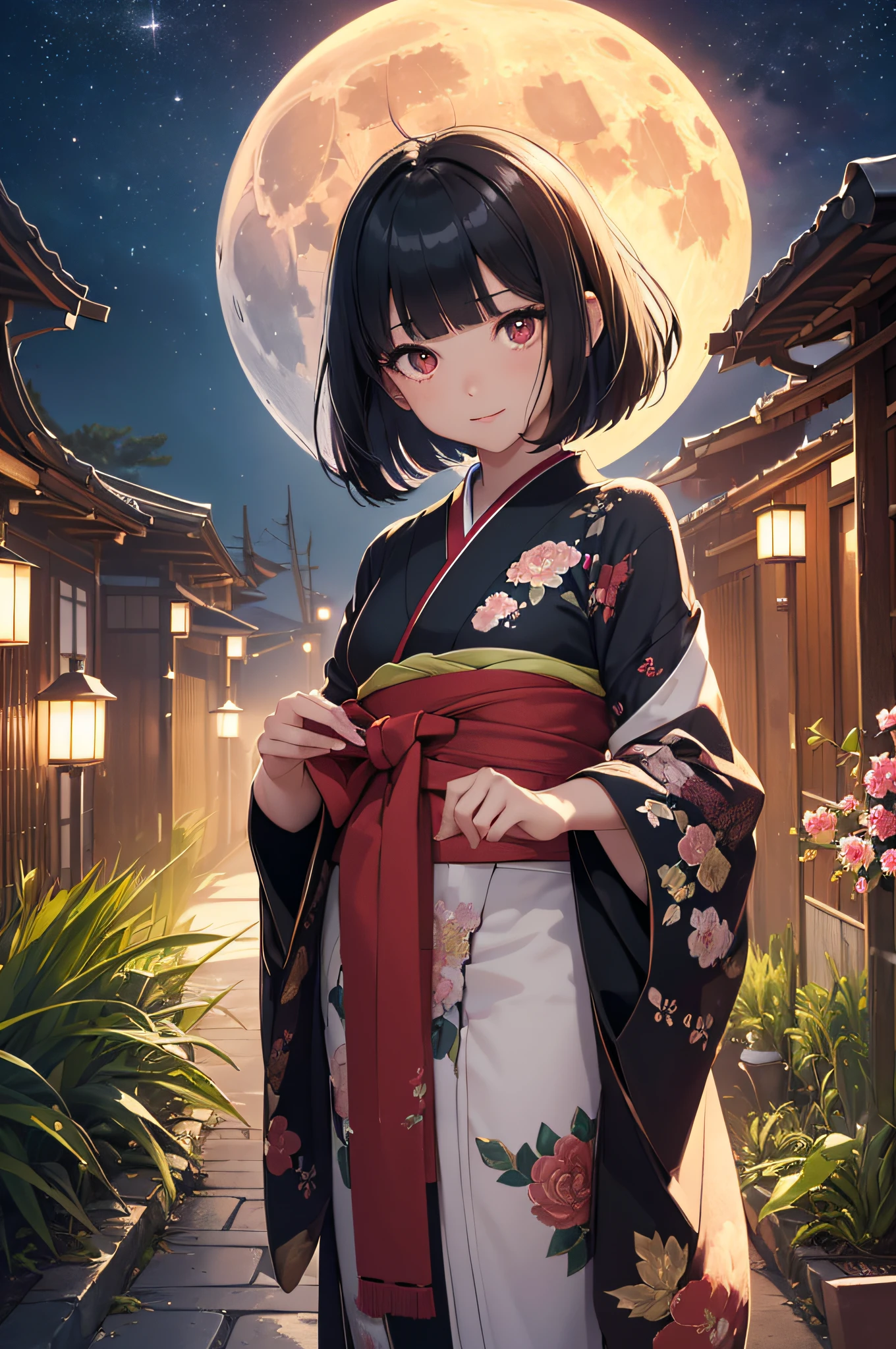 (Official art、top-quality、in 8K、masterpiece、nffsw、超A high resolution、Raw photo、Unity 8k Wallpapers、32K、masterpiece、ultra-detailliert、超A high resolution、realisitic、Photorealsitic:1.2)、(Fantastical、moonlights:1.2)、(depth of fields)、(cowboy shot:1.0)、Fireglow effect、film grains、Best Shadows、(Ultra-detailed and complex 3D rendering)、Detailed beautiful face and eyes、(super detailed skin、detailed skin textures:1.3)、Realistic pupils、Sharp pupils、A slender、Medium bust、(Full body:1.3)、( One full moon in the sky、Looking up at the moon、Looking away:1.2)、Highly detailed background、beauitful face、-yeld beiful girl、Girl like a Japan doll、shinny skin、bob cuts、Beautiful black hair、Blunt bangs、Red Eye、(Gentle look、A slight smil)、Floral kimono、Japan garden、beauty legs