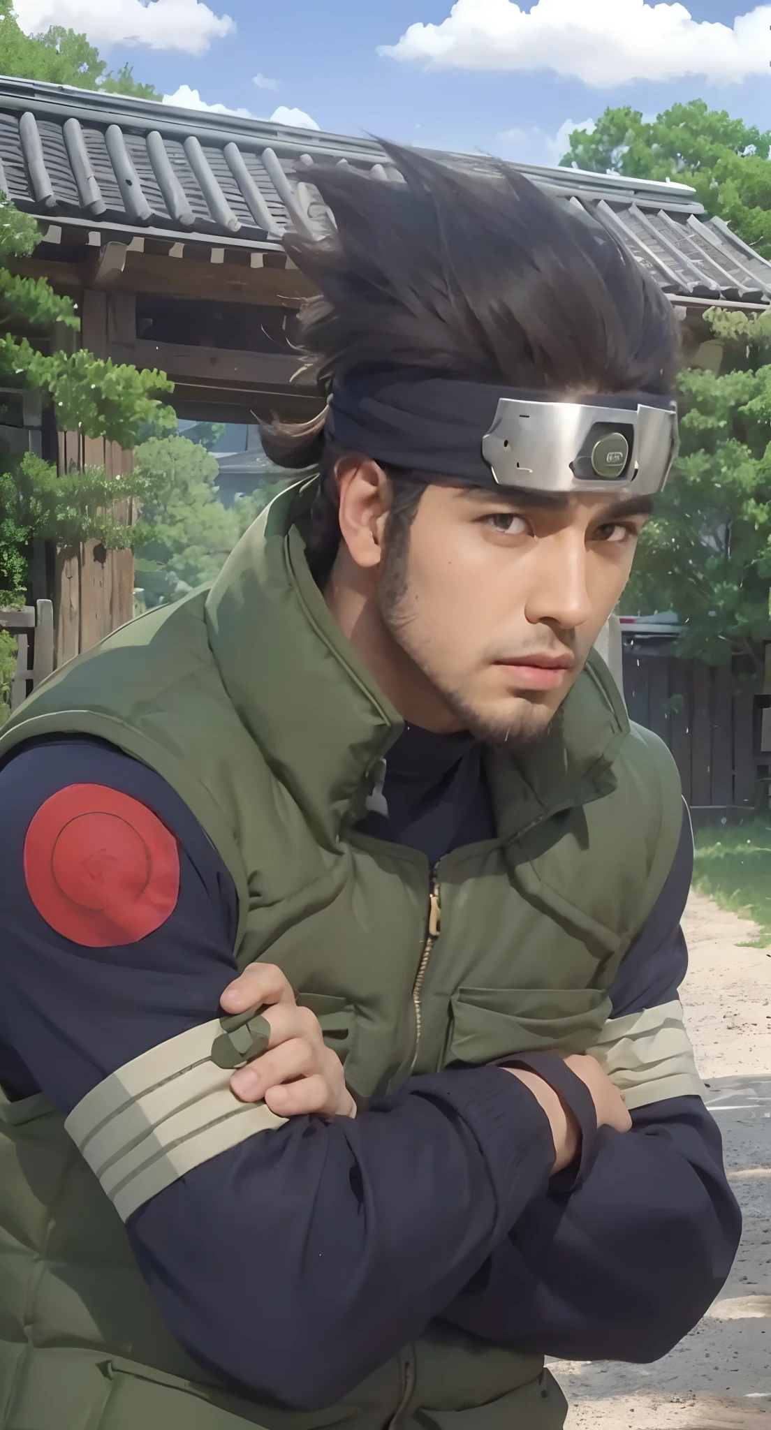 Real life adaption of this character ,handsome face,realistic same hair ,brown skin tone ,(realistic same outfit wear thick vest green color with many pocket), realistic same background , realistic light, realistic shadow, realism, hyper realistic,(photorealistic:1.2), Same sideburns and beard,same headband with iron plate on the middle